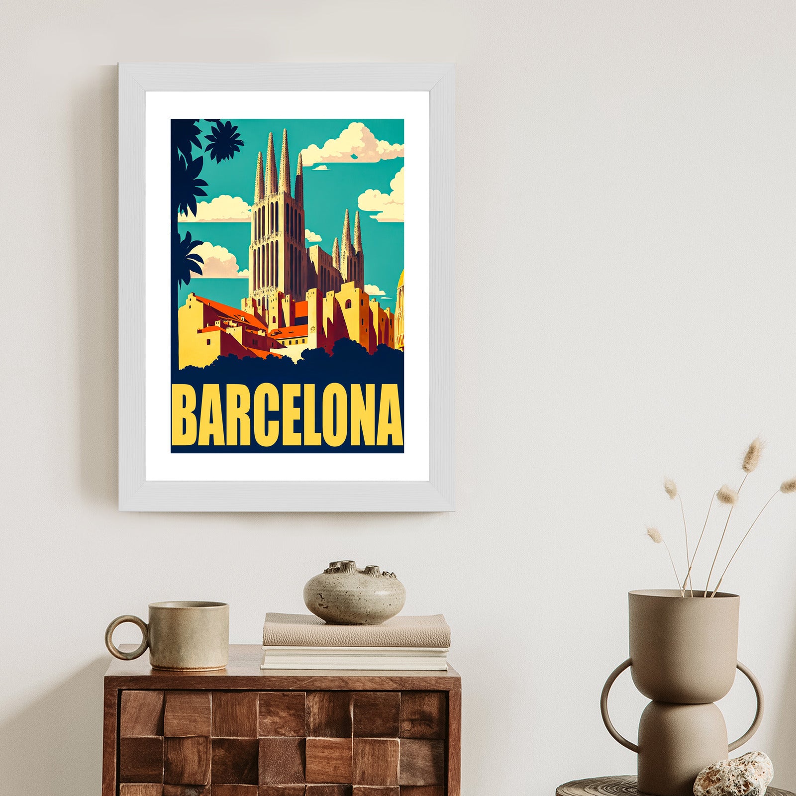 Plakat Napis Barcelona Z Sagrada Familia W Tle Rama Aluminiowa Kolor Czarny
