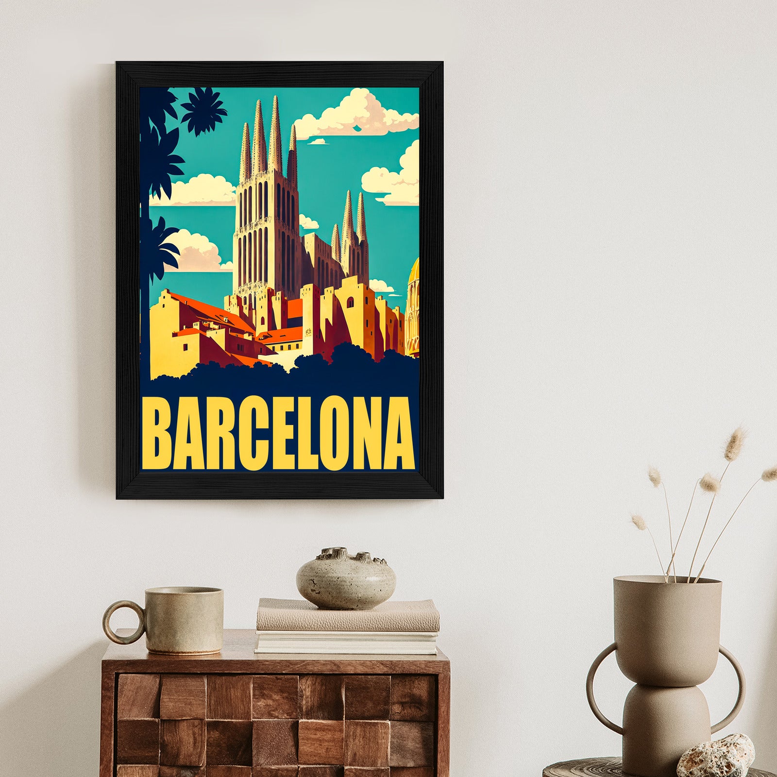 Plakat Napis Barcelona Z Sagrada Familia W Tle Rama Aluminiowa Kolor Czarny