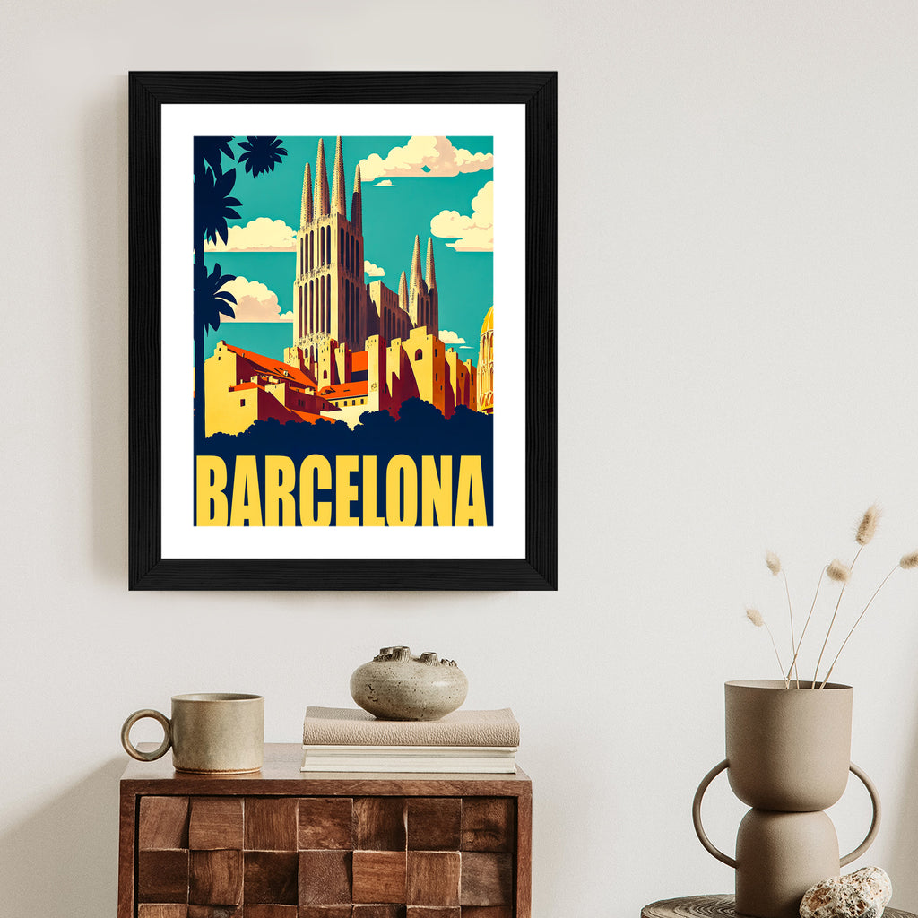 Plakat Napis Barcelona Z Sagrada Familia W Tle Rama Aluminiowa Kolor Czarny