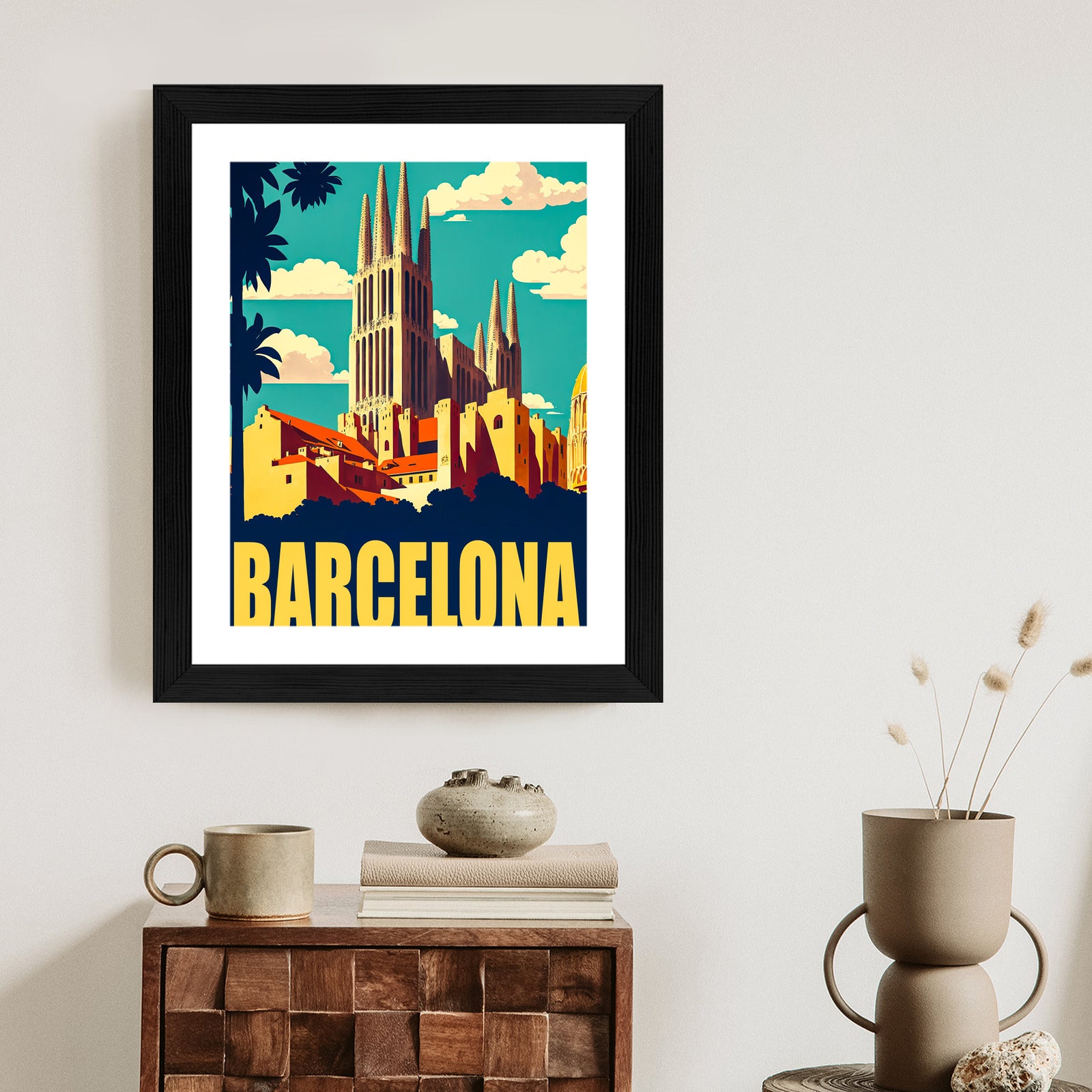 Plakat Napis Barcelona Z Sagrada Familia W Tle Rama Aluminiowa Kolor Czarny