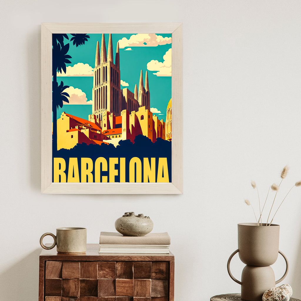 Plakat Napis Barcelona Z Sagrada Familia W Tle Rama Aluminiowa Kolor Czarny