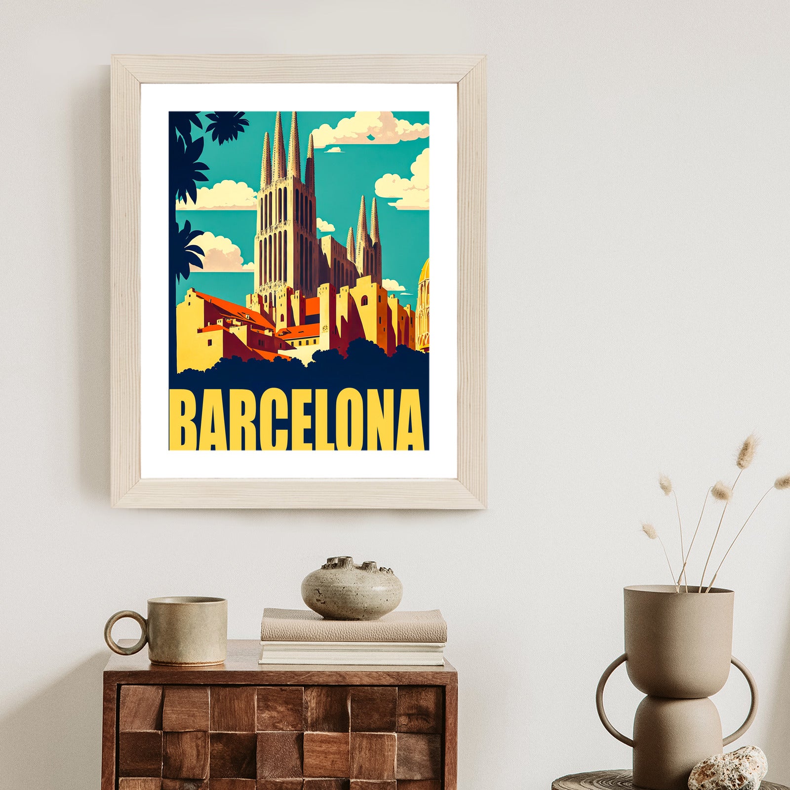 Plakat Napis Barcelona Z Sagrada Familia W Tle Rama Aluminiowa Kolor Czarny