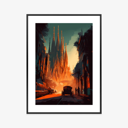 Plakat Kościół Sagrada Familia I Zachód Słońca Rama Aluminiowa Kolor Czarny