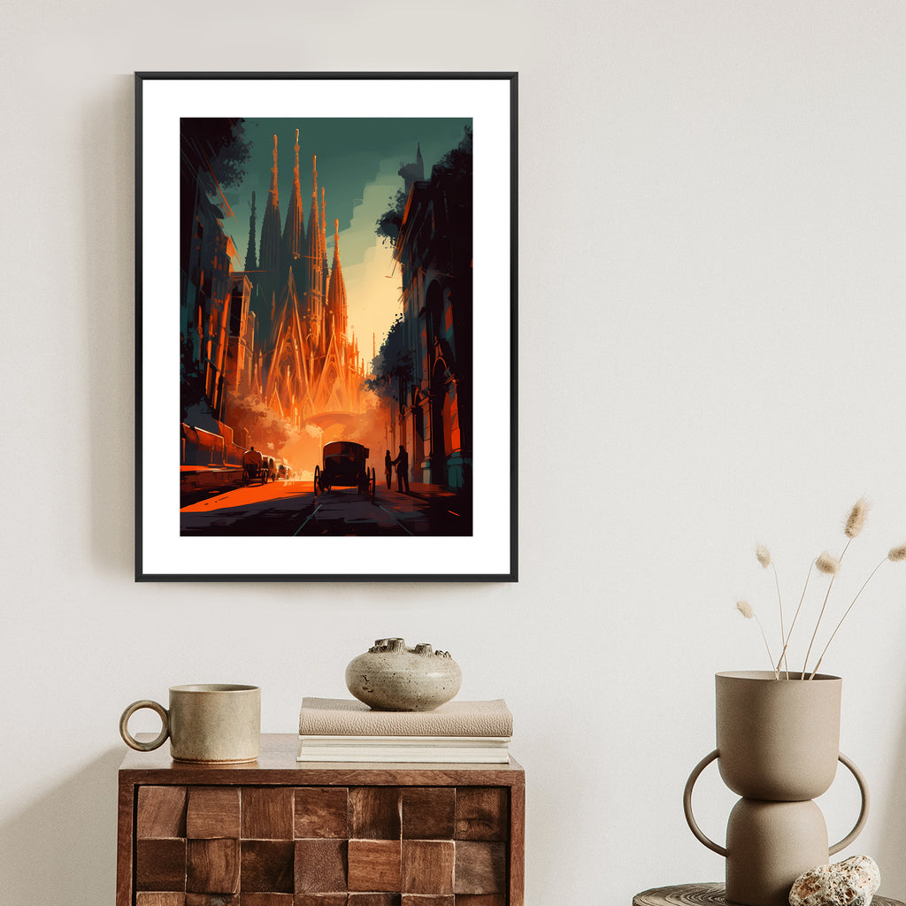 Plakat Kościół Sagrada Familia I Zachód Słońca Rama Aluminiowa Kolor Czarny
