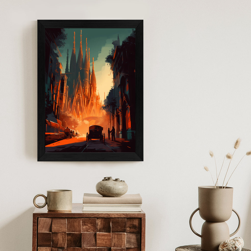 Plakat Kościół Sagrada Familia I Zachód Słońca Rama Aluminiowa Kolor Czarny