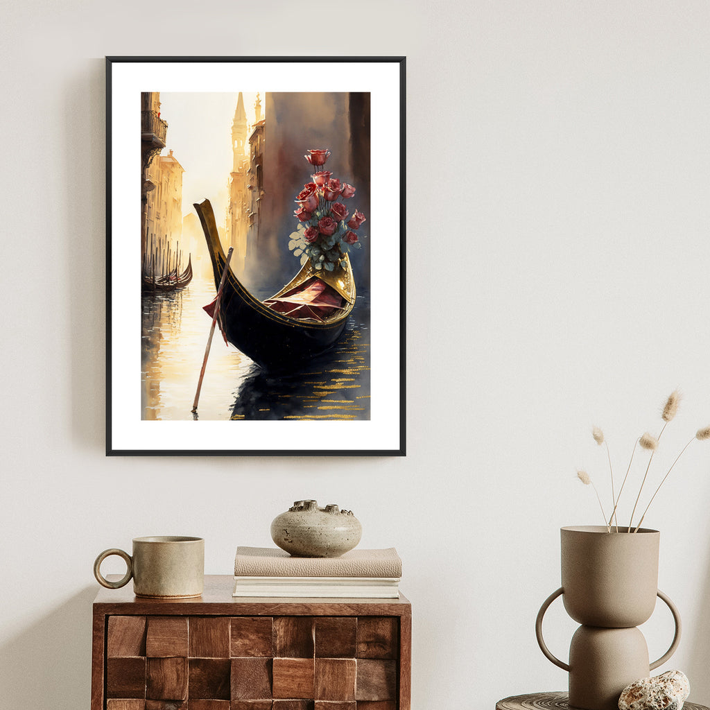 Plakat Gondola Z Bukietem Róż W Wenecji Rama Aluminiowa Kolor Czarny