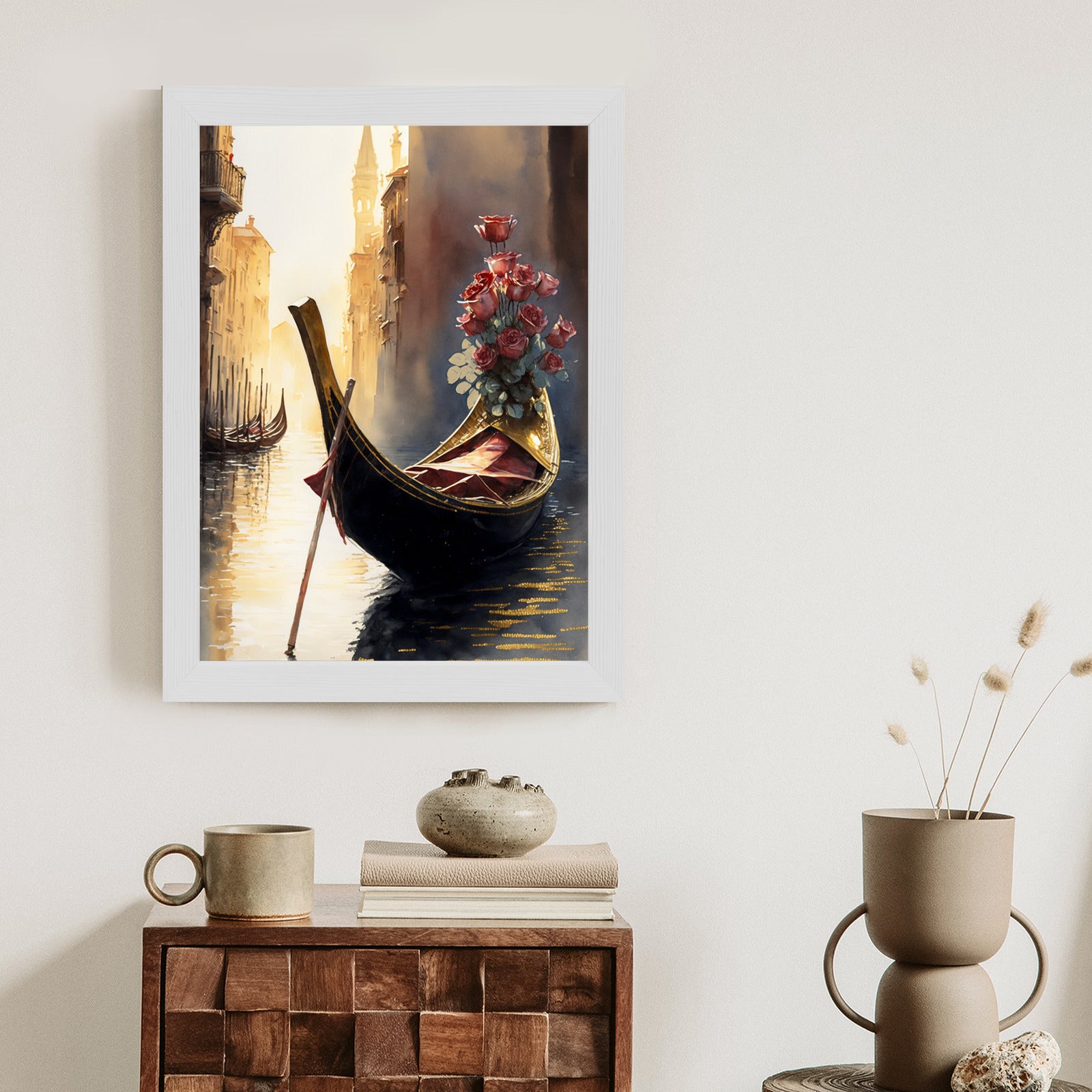 Plakat Gondola Z Bukietem Róż W Wenecji Rama Aluminiowa Kolor Czarny