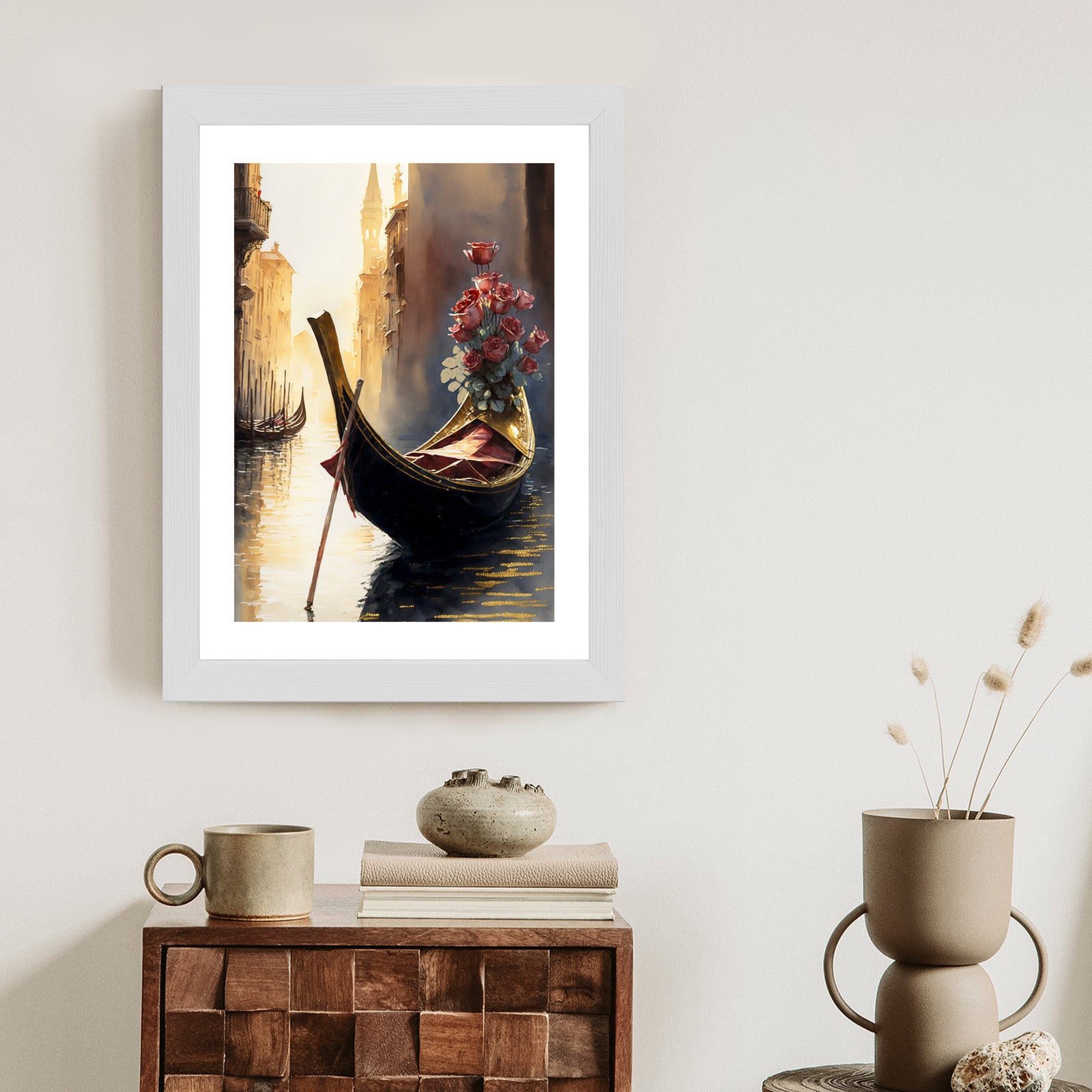 Plakat Gondola Z Bukietem Róż W Wenecji Rama Aluminiowa Kolor Czarny