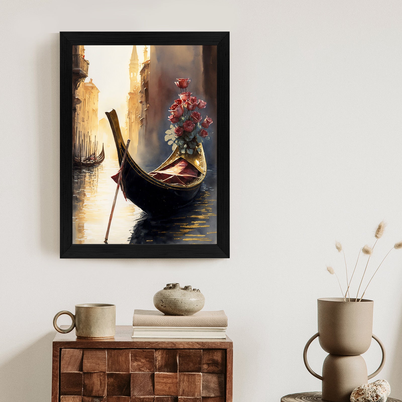 Plakat Gondola Z Bukietem Róż W Wenecji Rama Aluminiowa Kolor Czarny