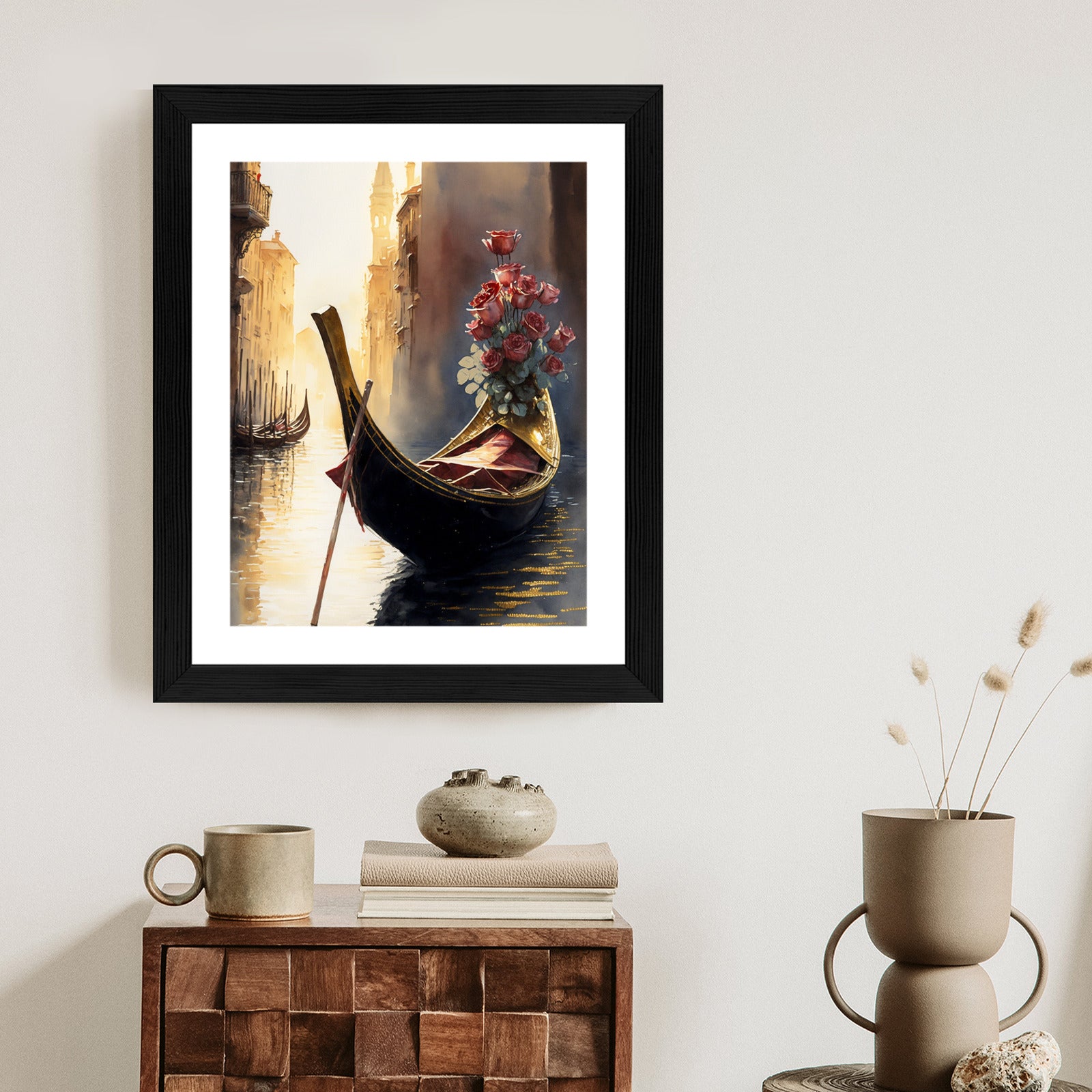 Plakat Gondola Z Bukietem Róż W Wenecji Rama Aluminiowa Kolor Czarny