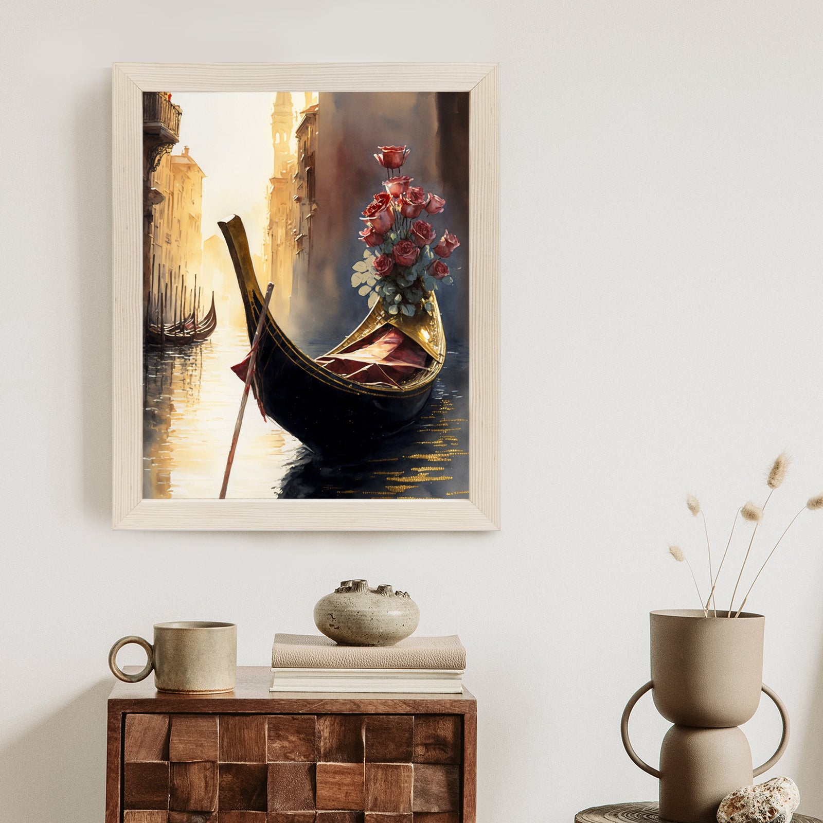 Plakat Gondola Z Bukietem Róż W Wenecji Rama Aluminiowa Kolor Czarny