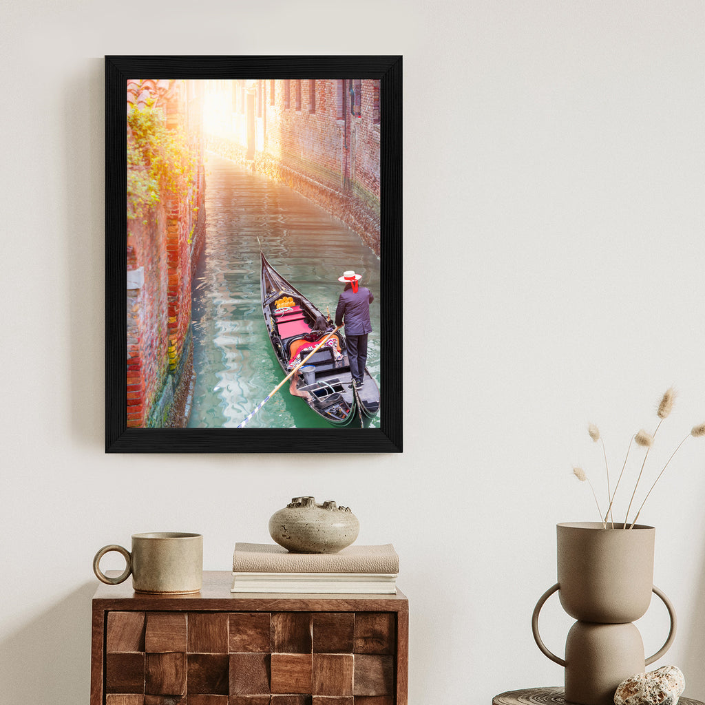 Plakat Gondolier Wenecki Na Zielonych Wodach Kanału Rama Aluminiowa Kolor Czarny