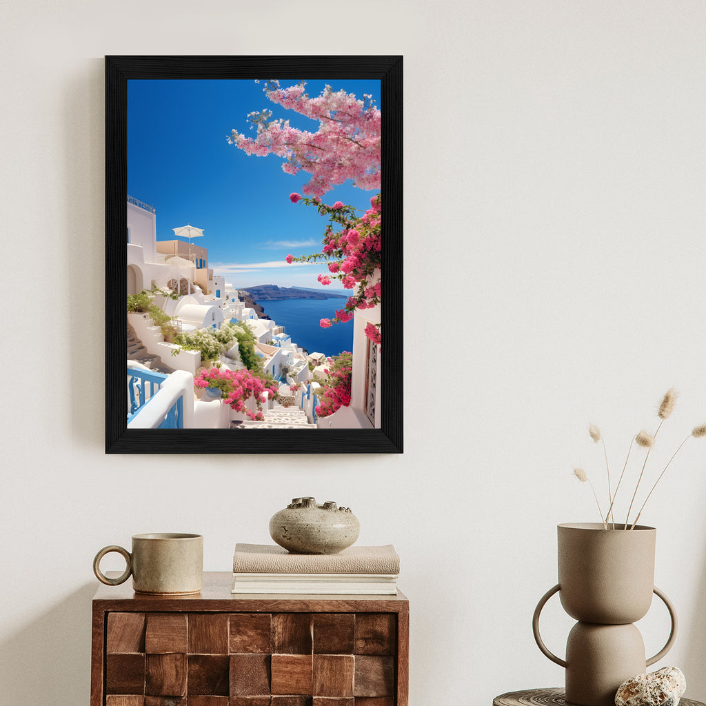 Plakat Malowniczy Widok Na Santorini Z Błękitnym Morzem Rama Aluminiowa Kolor Czarny