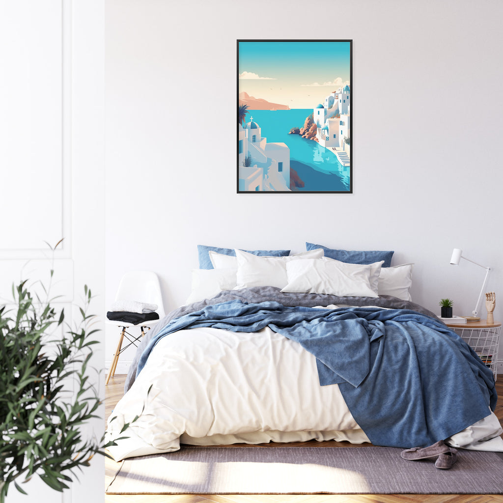 Plakat Piękne Santorini Z Błękitnym Morzem Ilustracja Rama Aluminiowa Kolor Czarny