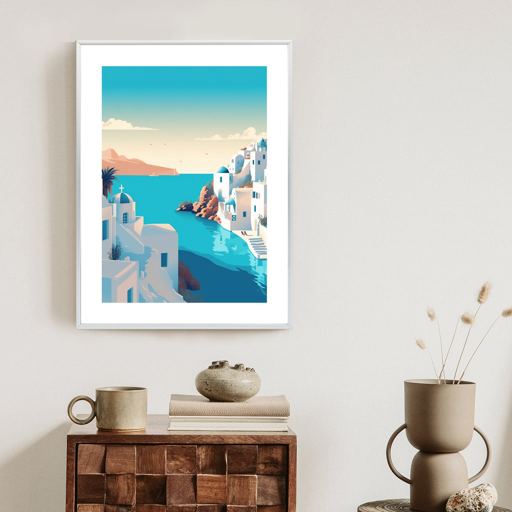 Plakat Piękne Santorini Z Błękitnym Morzem Ilustracja Rama Aluminiowa Kolor Czarny