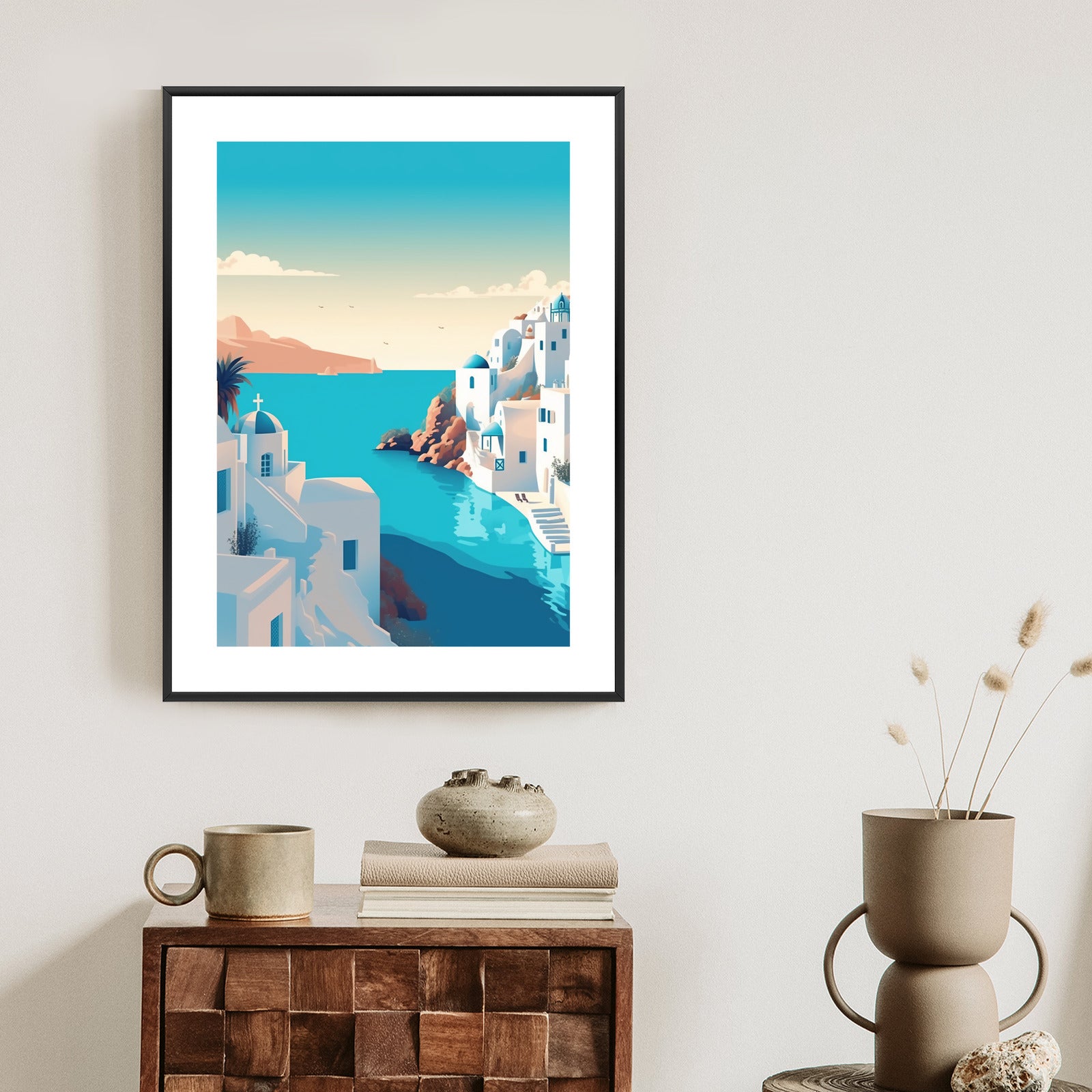 Plakat Piękne Santorini Z Błękitnym Morzem Ilustracja Rama Aluminiowa Kolor Czarny