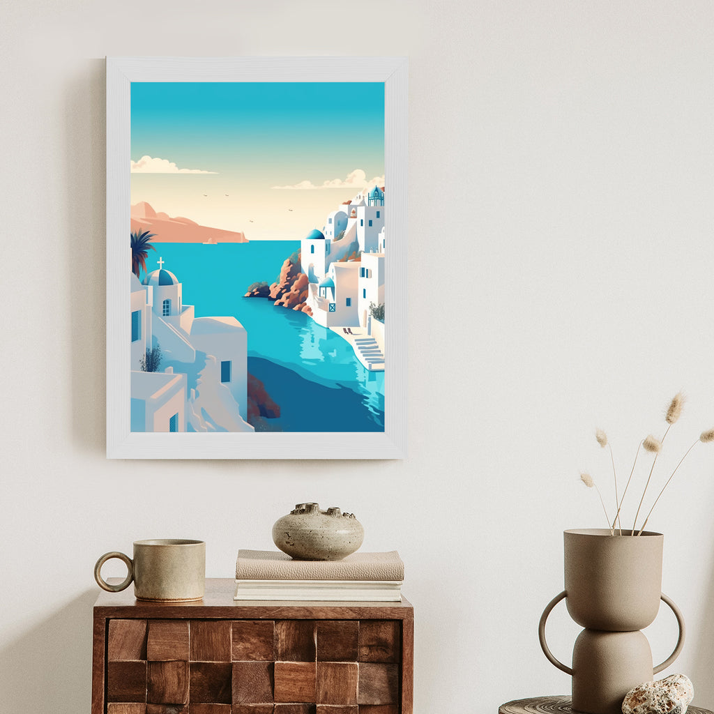 Plakat Piękne Santorini Z Błękitnym Morzem Ilustracja Rama Aluminiowa Kolor Czarny