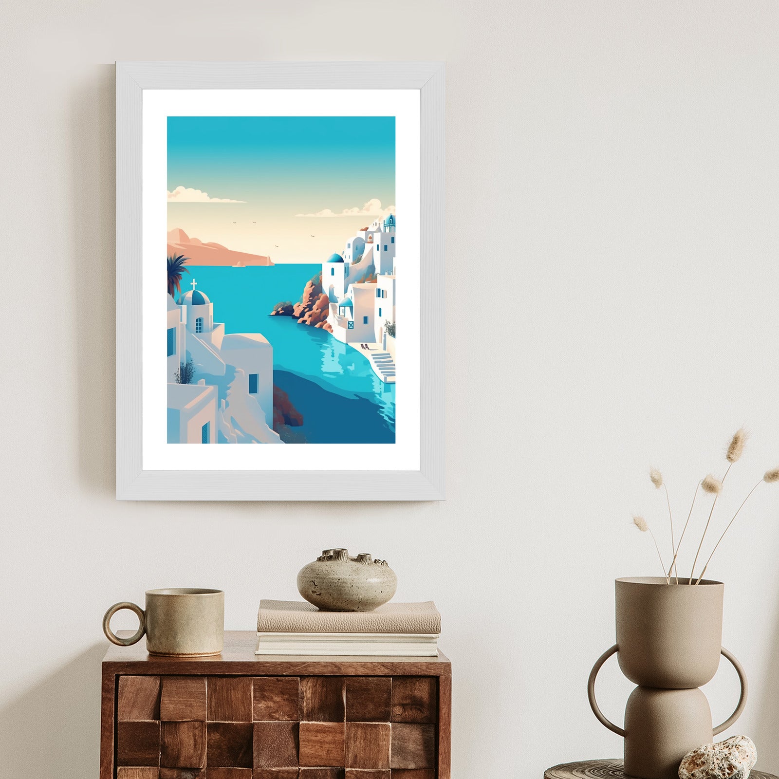 Plakat Piękne Santorini Z Błękitnym Morzem Ilustracja Rama Aluminiowa Kolor Czarny