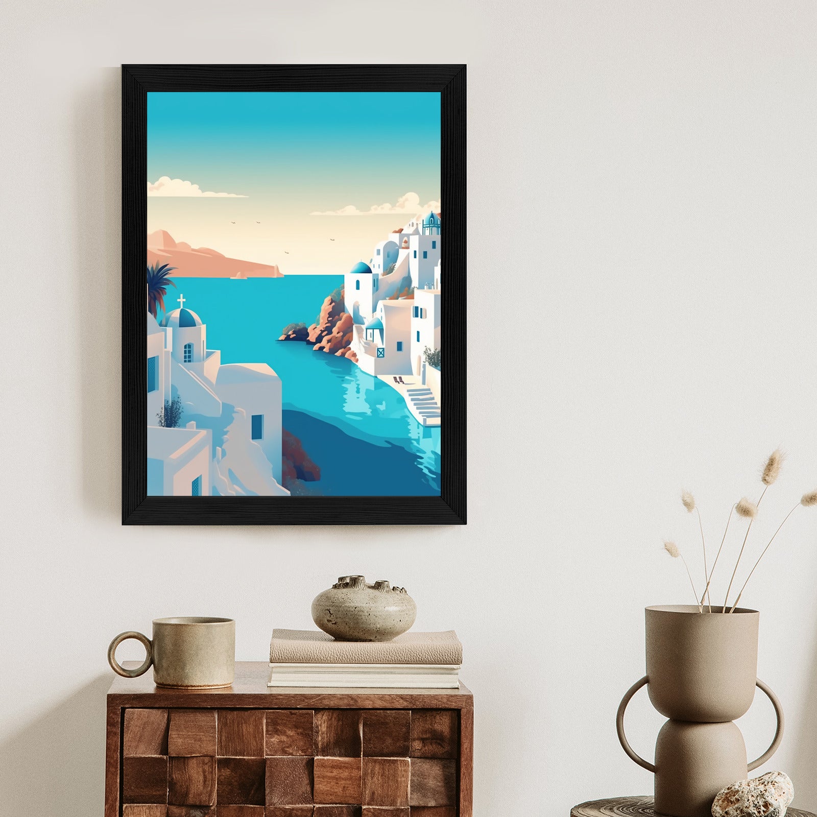 Plakat Piękne Santorini Z Błękitnym Morzem Ilustracja Rama Aluminiowa Kolor Czarny