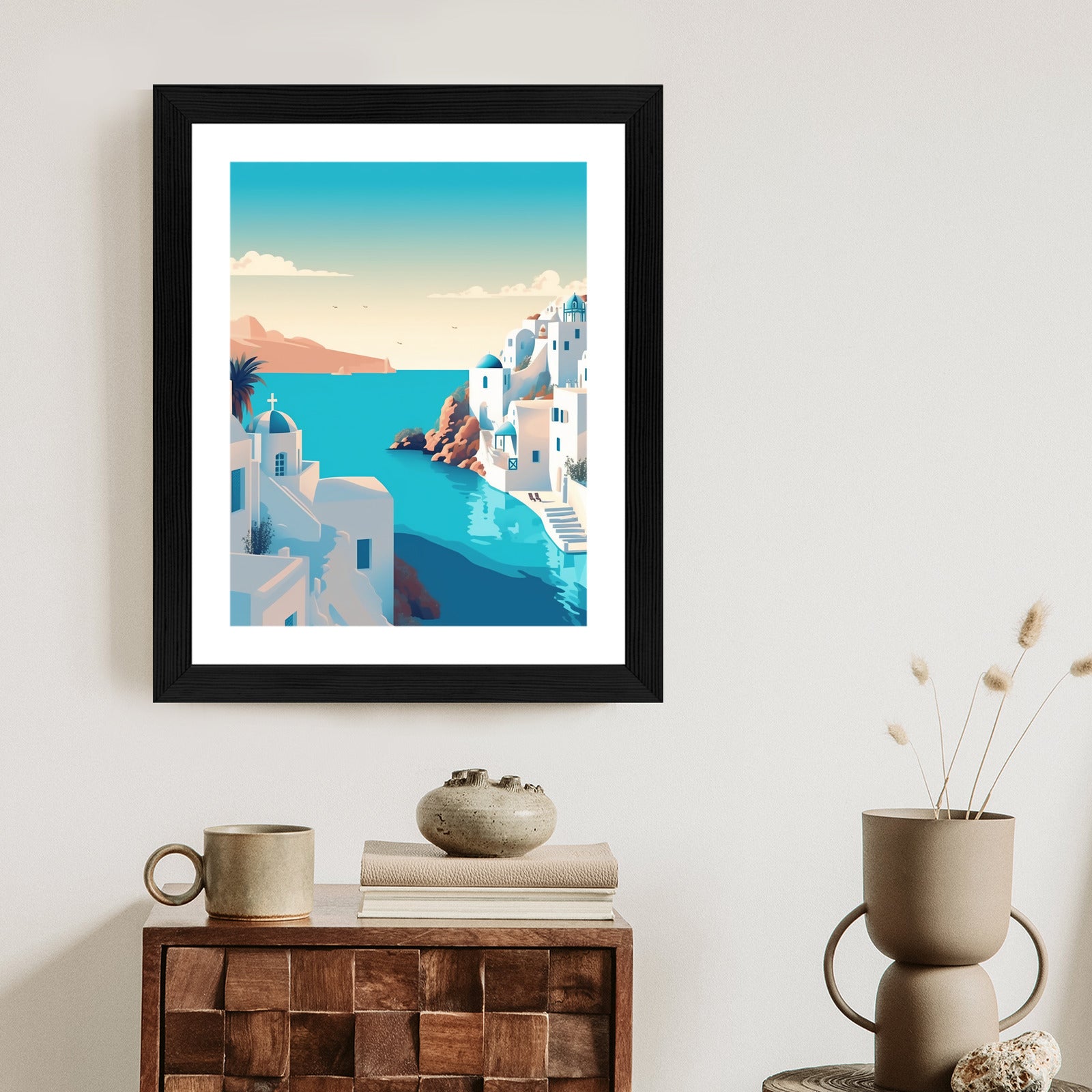 Plakat Piękne Santorini Z Błękitnym Morzem Ilustracja Rama Aluminiowa Kolor Czarny