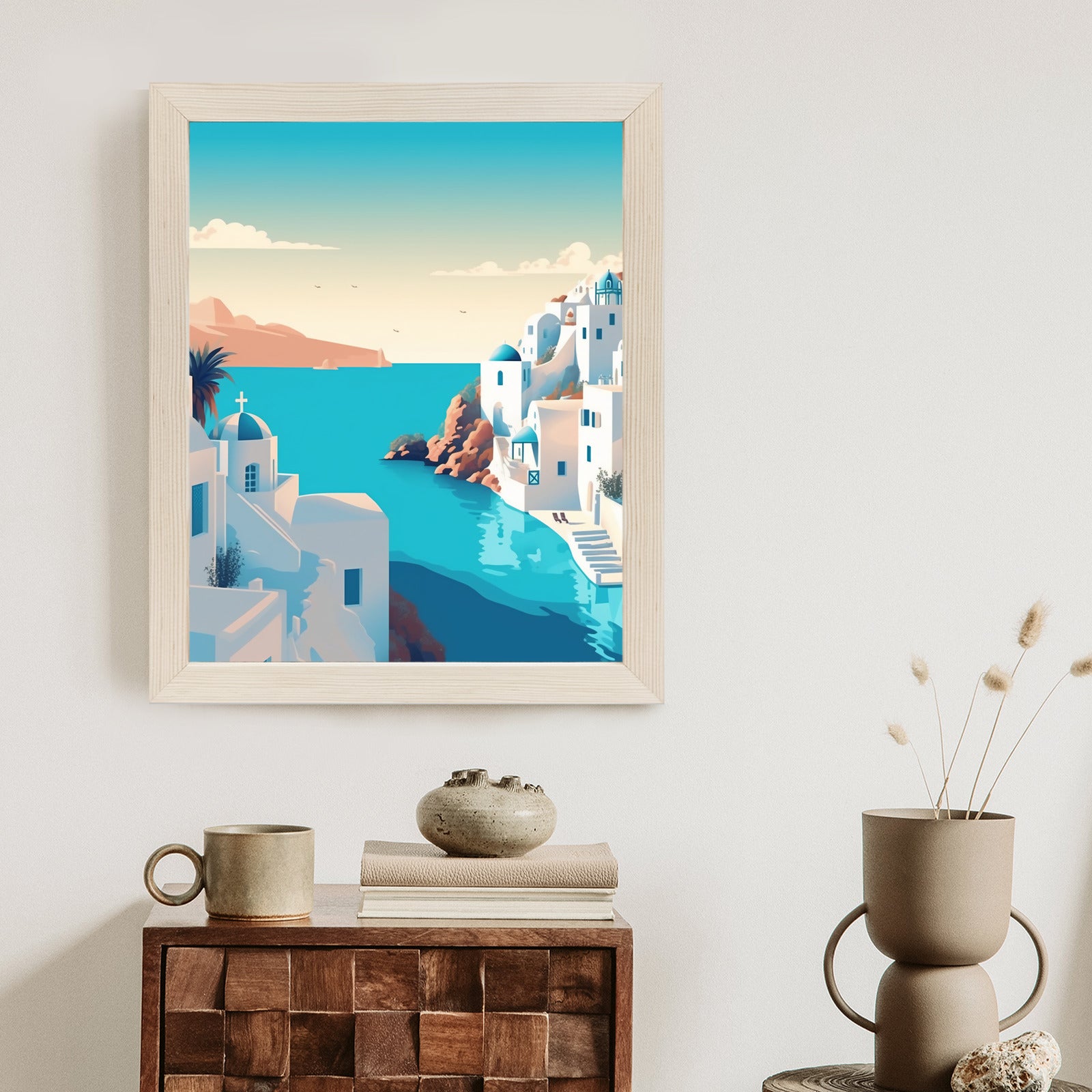 Plakat Piękne Santorini Z Błękitnym Morzem Ilustracja Rama Aluminiowa Kolor Czarny