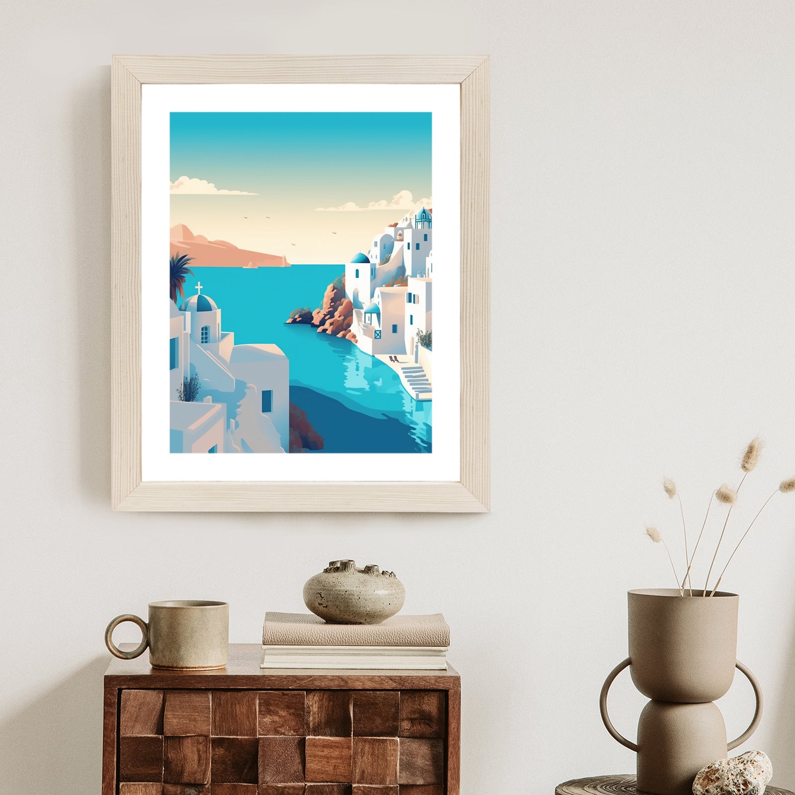 Plakat Piękne Santorini Z Błękitnym Morzem Ilustracja Rama Aluminiowa Kolor Czarny