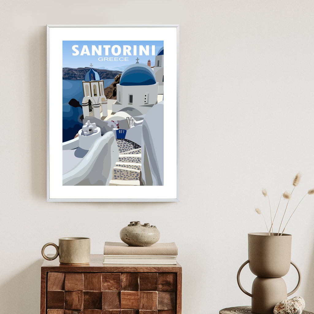 Plakat Typowe Greckie Budynki Z Niebieskimi Dachami Na Santorini Rama Aluminiowa Kolor Czarny