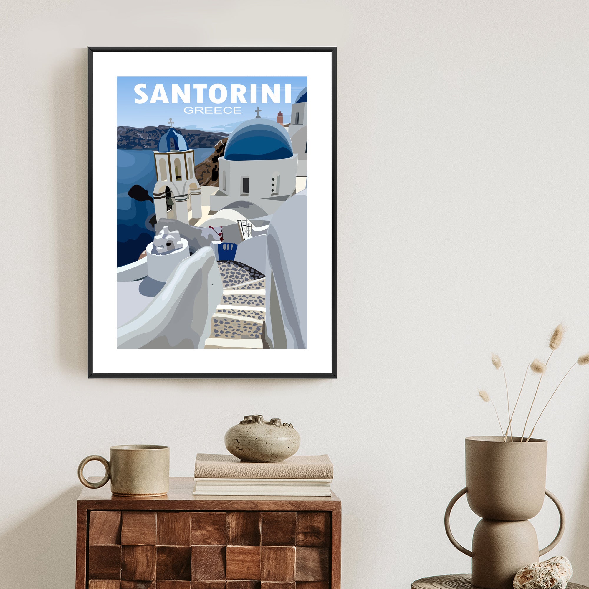 Plakat Typowe Greckie Budynki Z Niebieskimi Dachami Na Santorini Rama Aluminiowa Kolor Czarny