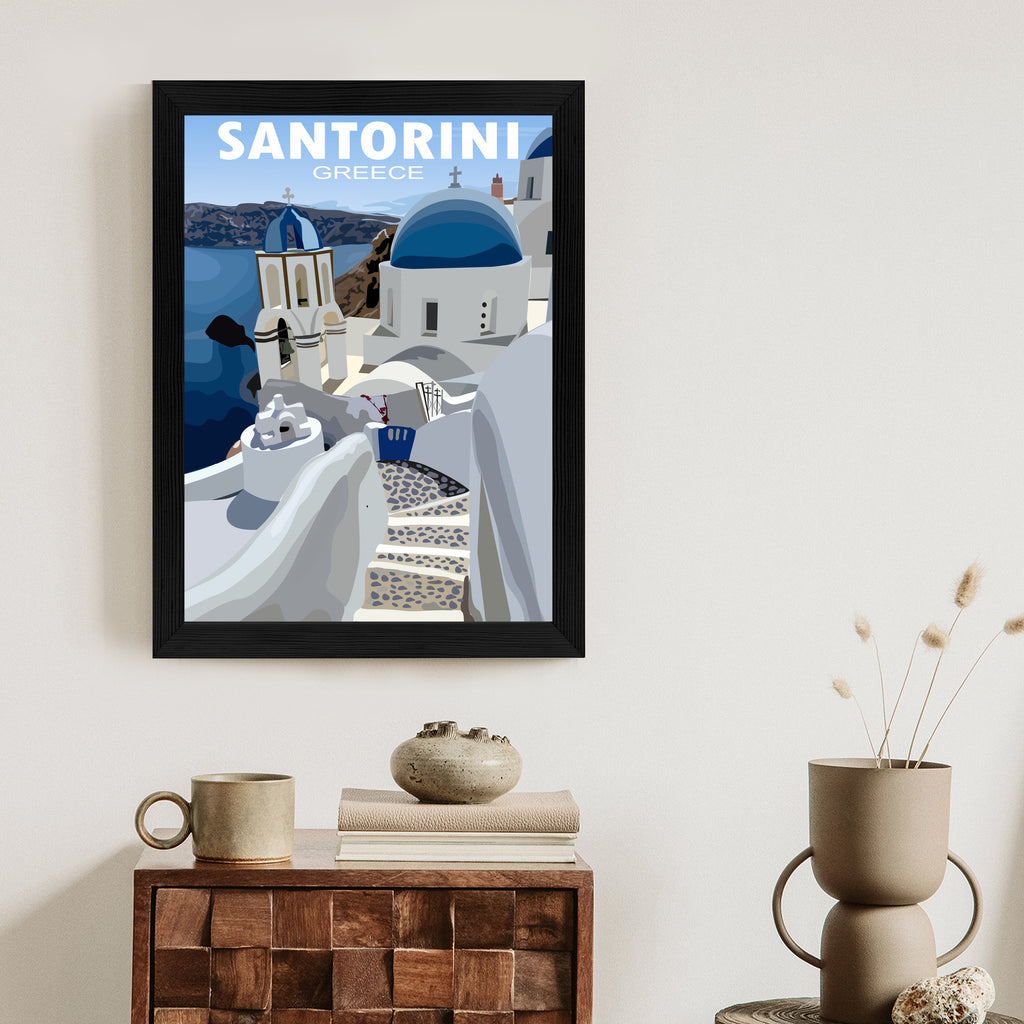 Plakat Typowe Greckie Budynki Z Niebieskimi Dachami Na Santorini Rama Aluminiowa Kolor Czarny