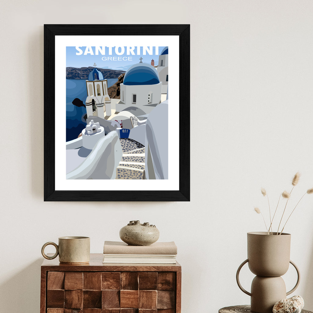 Plakat Typowe Greckie Budynki Z Niebieskimi Dachami Na Santorini Rama Aluminiowa Kolor Czarny