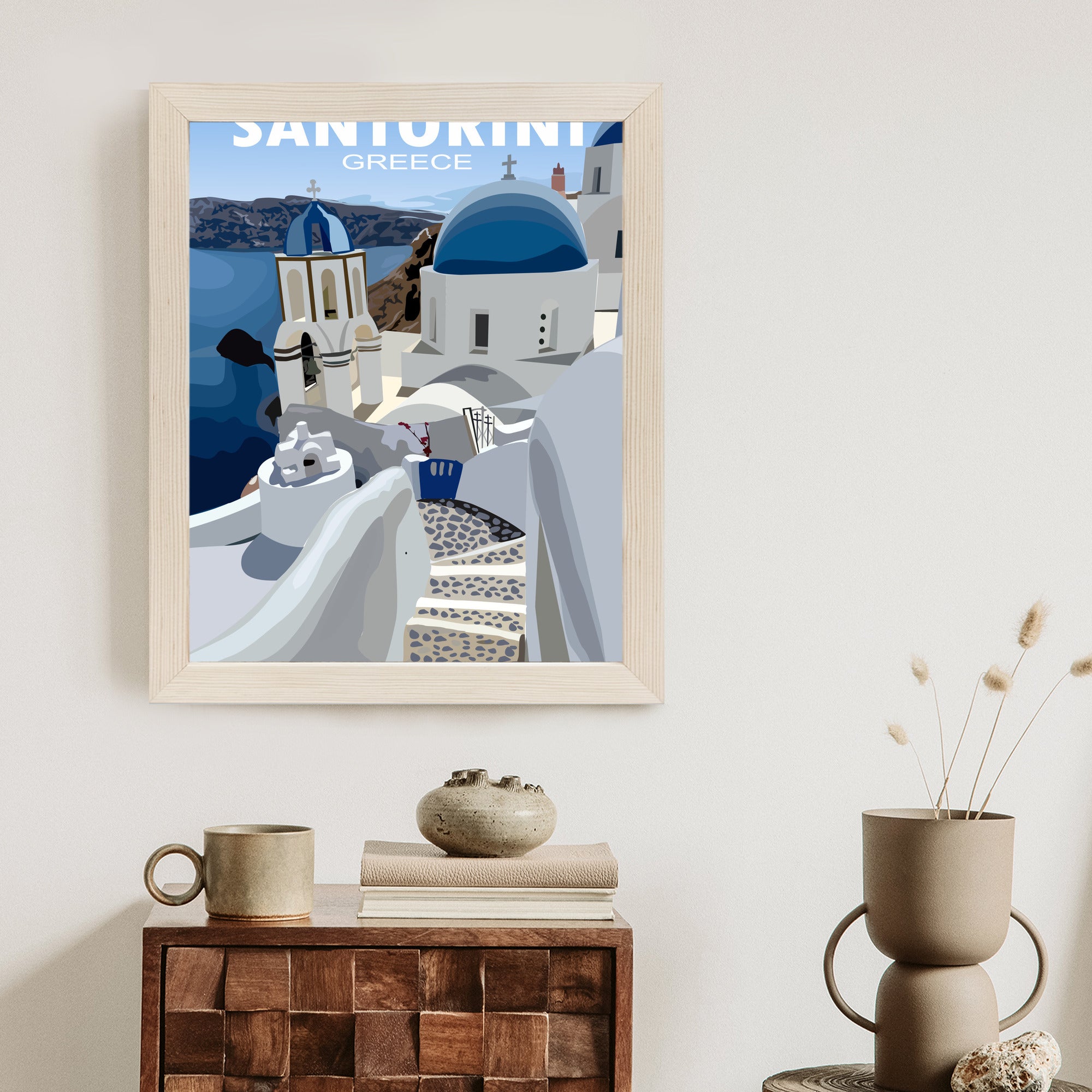 Plakat Typowe Greckie Budynki Z Niebieskimi Dachami Na Santorini Rama Aluminiowa Kolor Czarny
