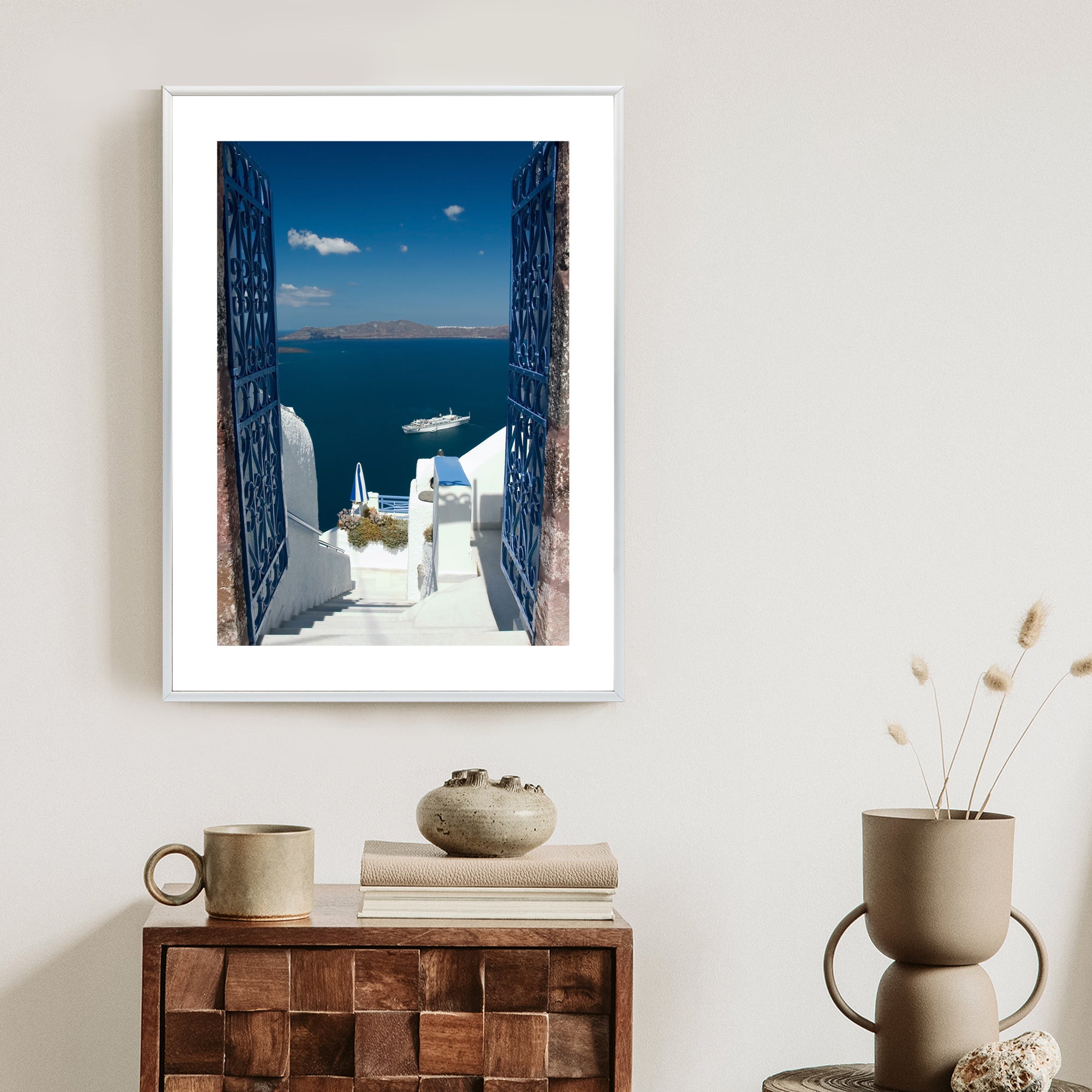Plakat Santorini Niebieska Brama Z Widokiem Na Morze Rama Aluminiowa Kolor Czarny