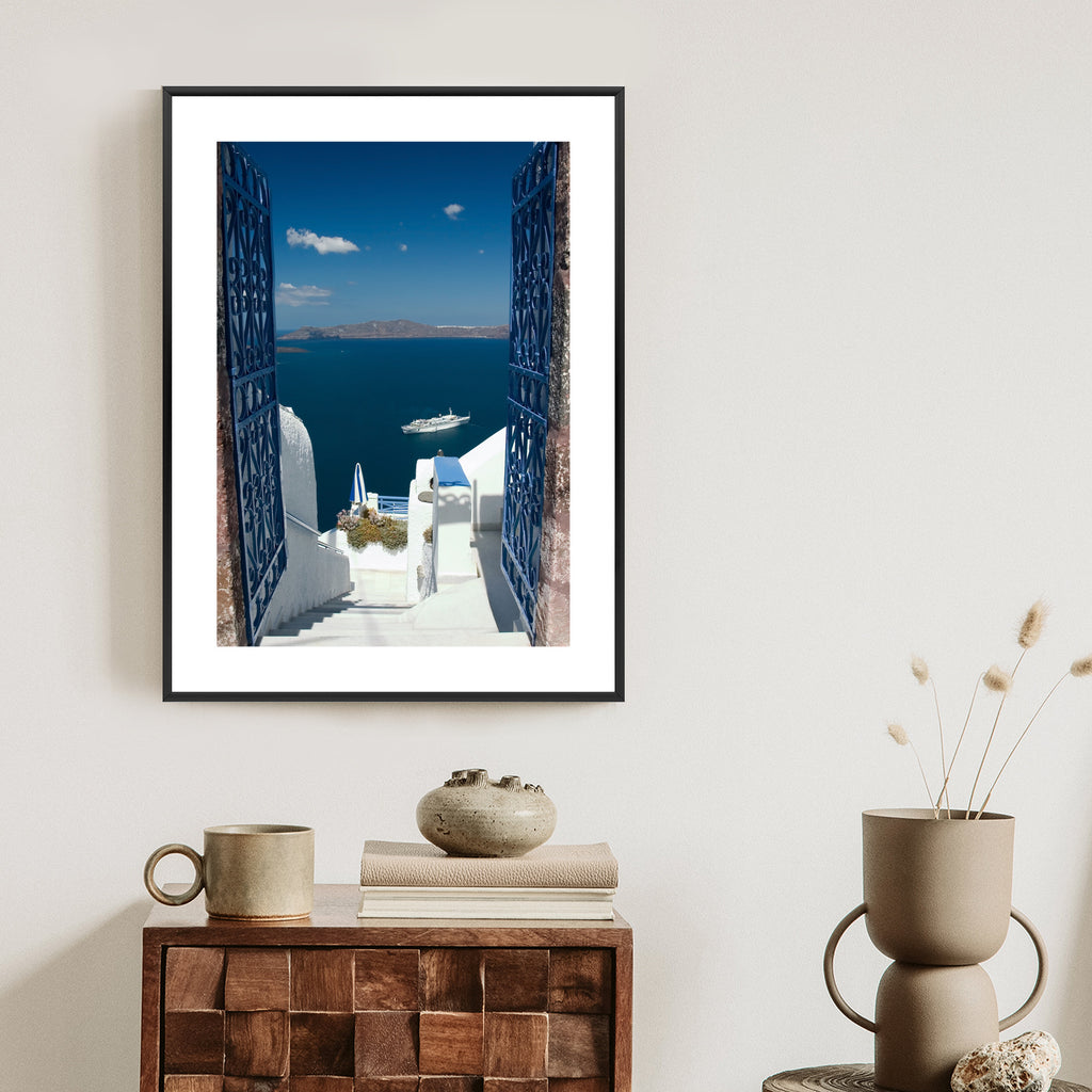 Plakat Santorini Niebieska Brama Z Widokiem Na Morze Rama Aluminiowa Kolor Czarny