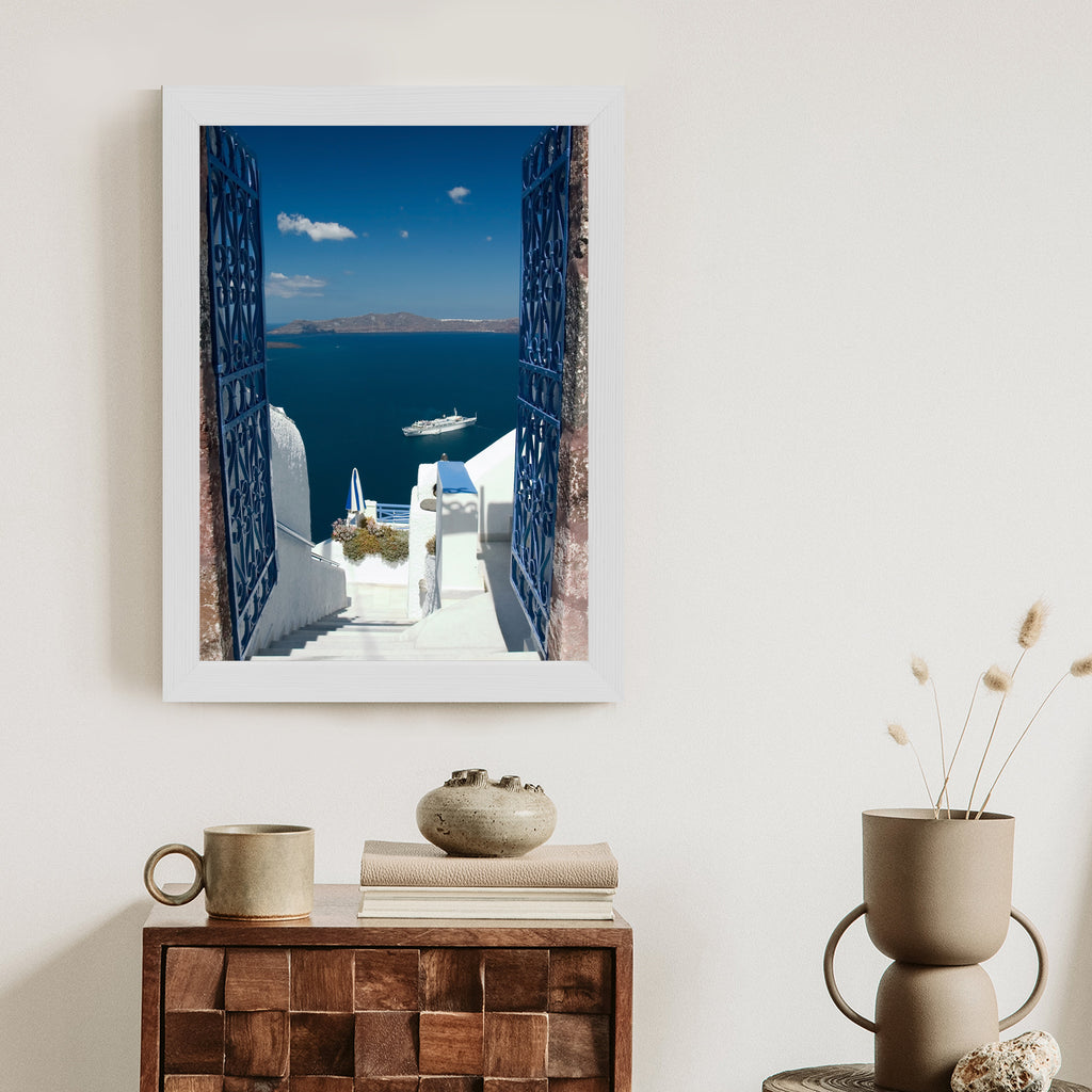 Plakat Santorini Niebieska Brama Z Widokiem Na Morze Rama Aluminiowa Kolor Czarny