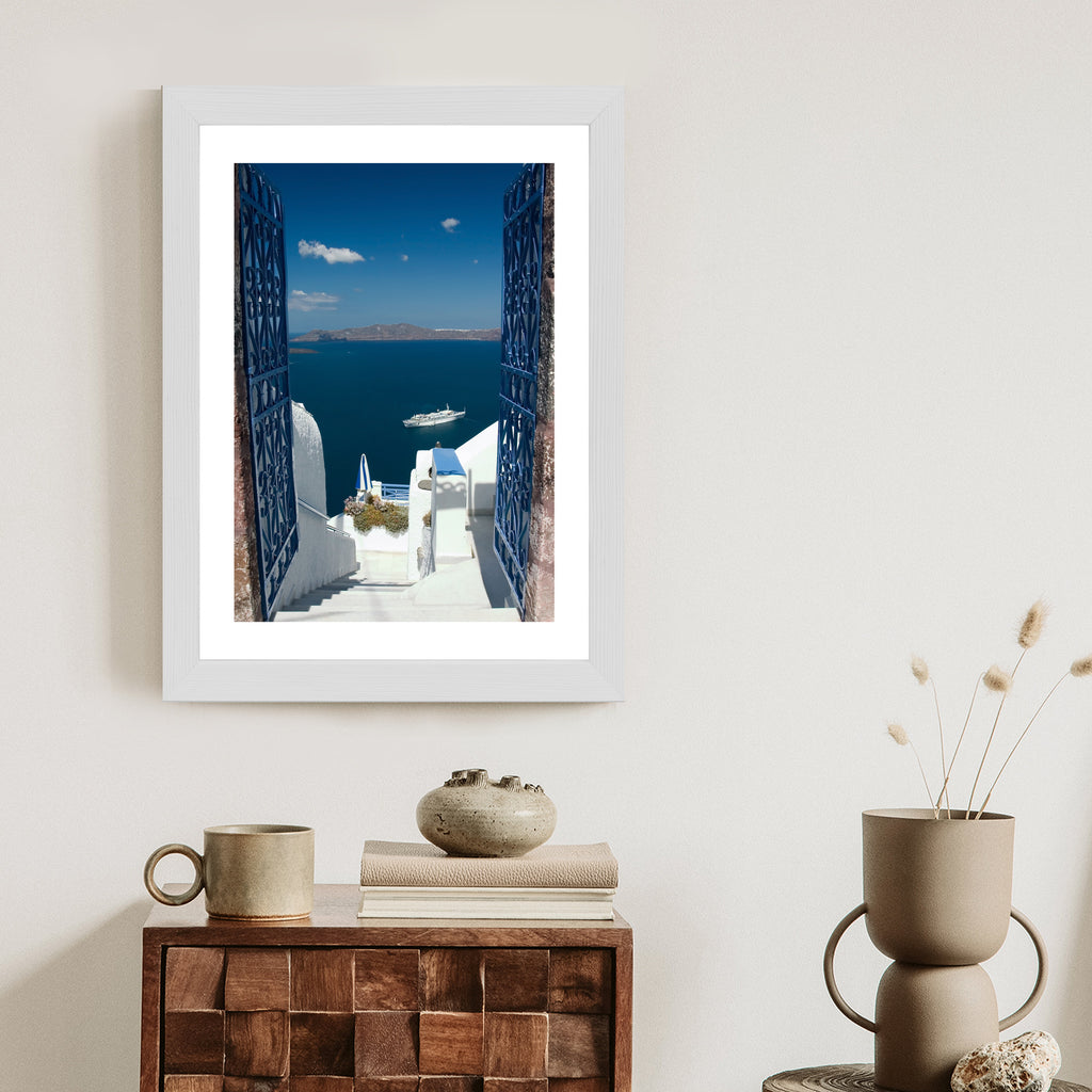 Plakat Santorini Niebieska Brama Z Widokiem Na Morze Rama Aluminiowa Kolor Czarny