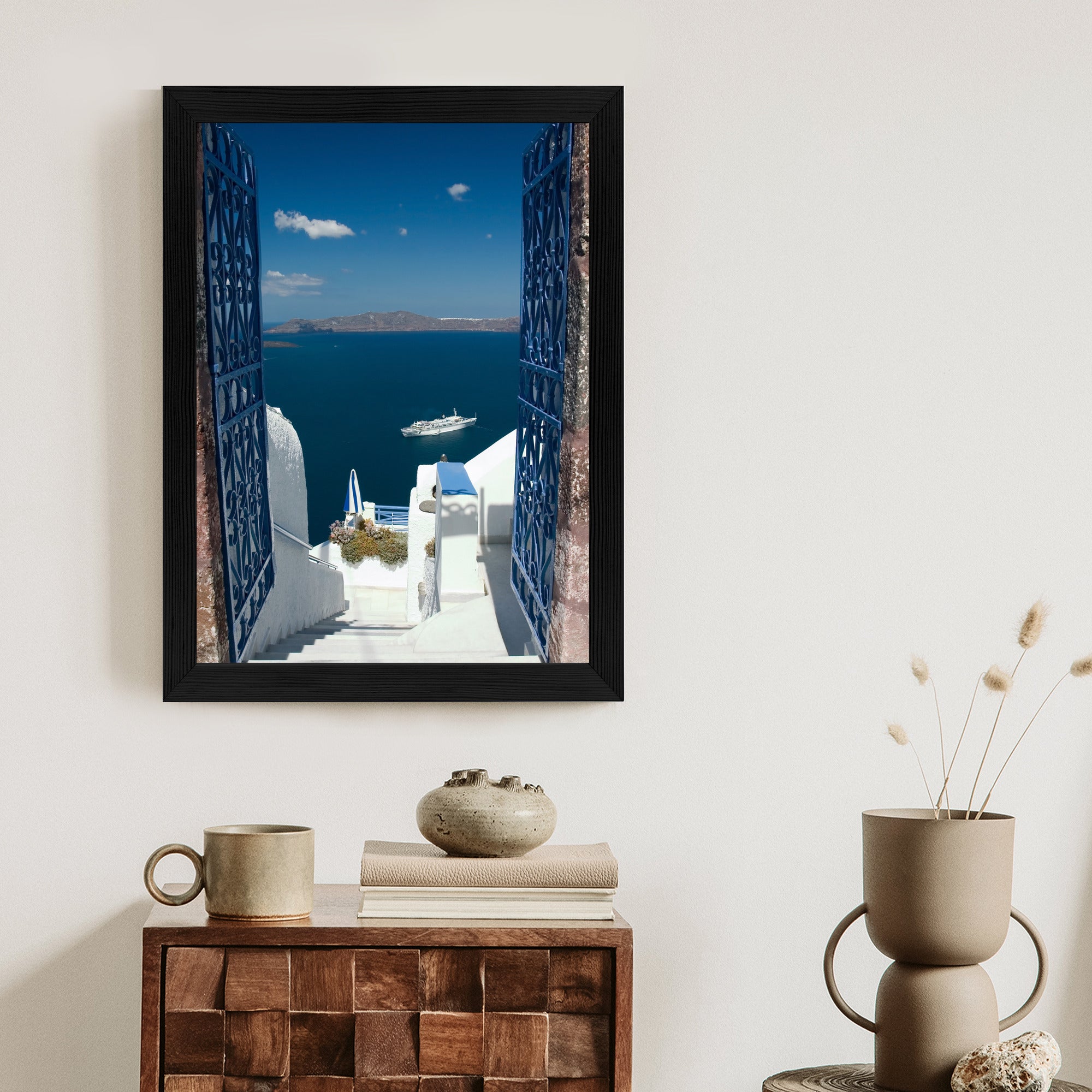 Plakat Santorini Niebieska Brama Z Widokiem Na Morze Rama Aluminiowa Kolor Czarny