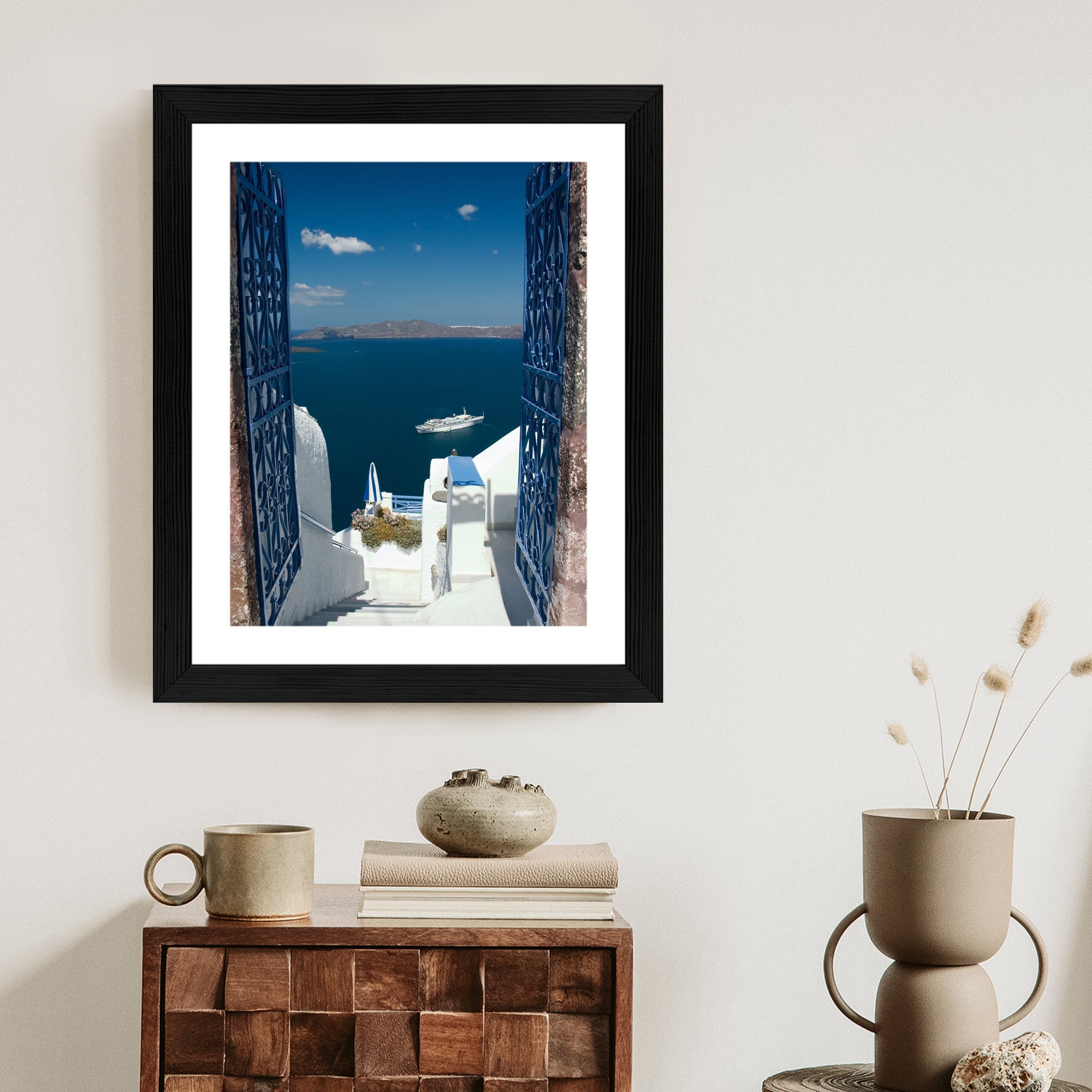 Plakat Santorini Niebieska Brama Z Widokiem Na Morze Rama Aluminiowa Kolor Czarny