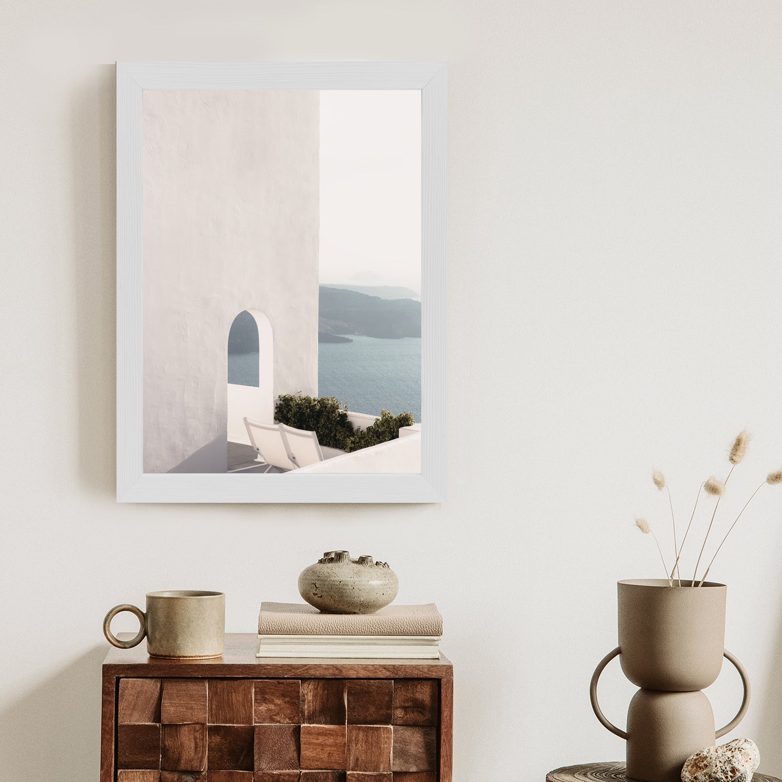 Plakat Biała Architektura Na Santorini Z Widokiem Na Morze Rama Aluminiowa Kolor Czarny