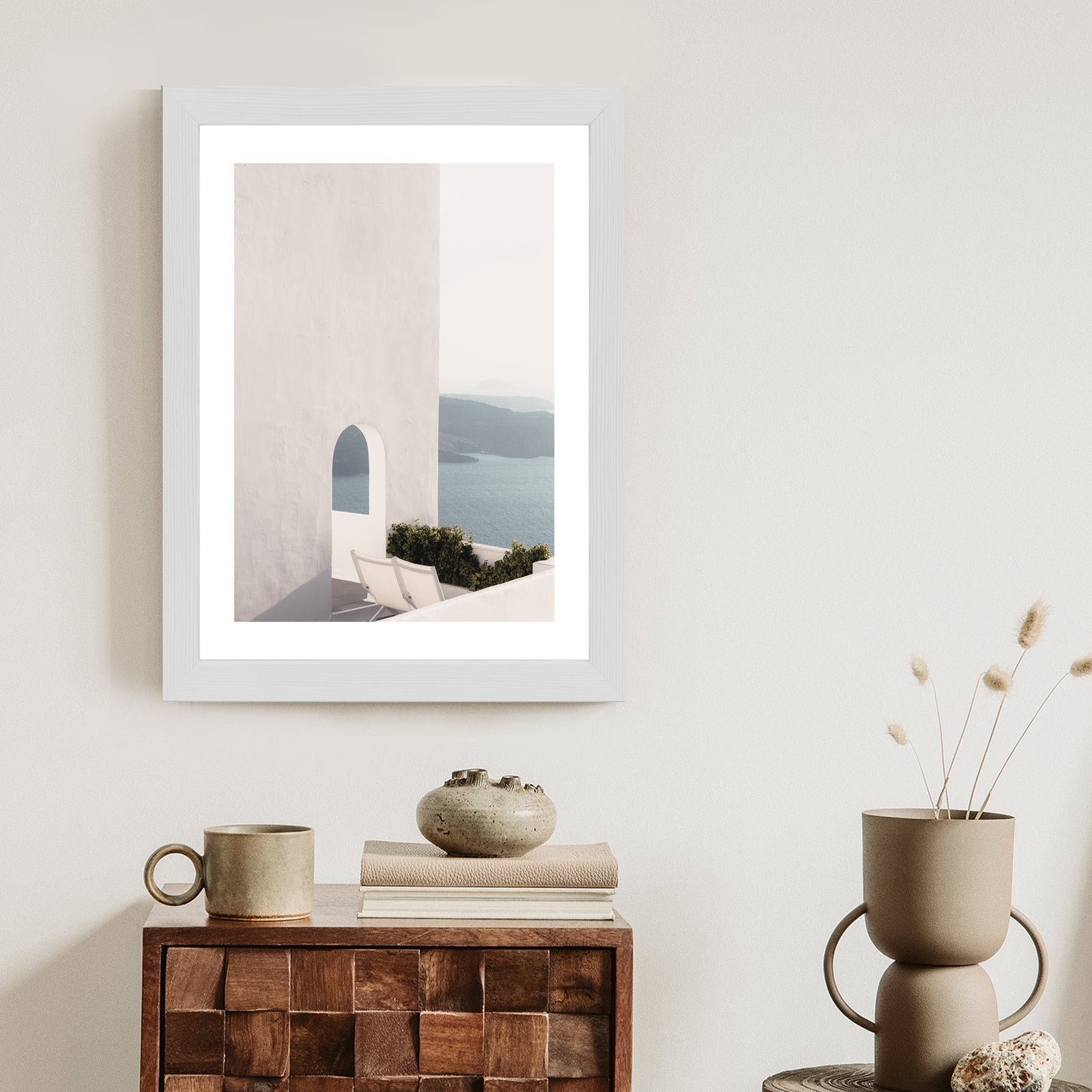 Plakat Biała Architektura Na Santorini Z Widokiem Na Morze Rama Aluminiowa Kolor Czarny