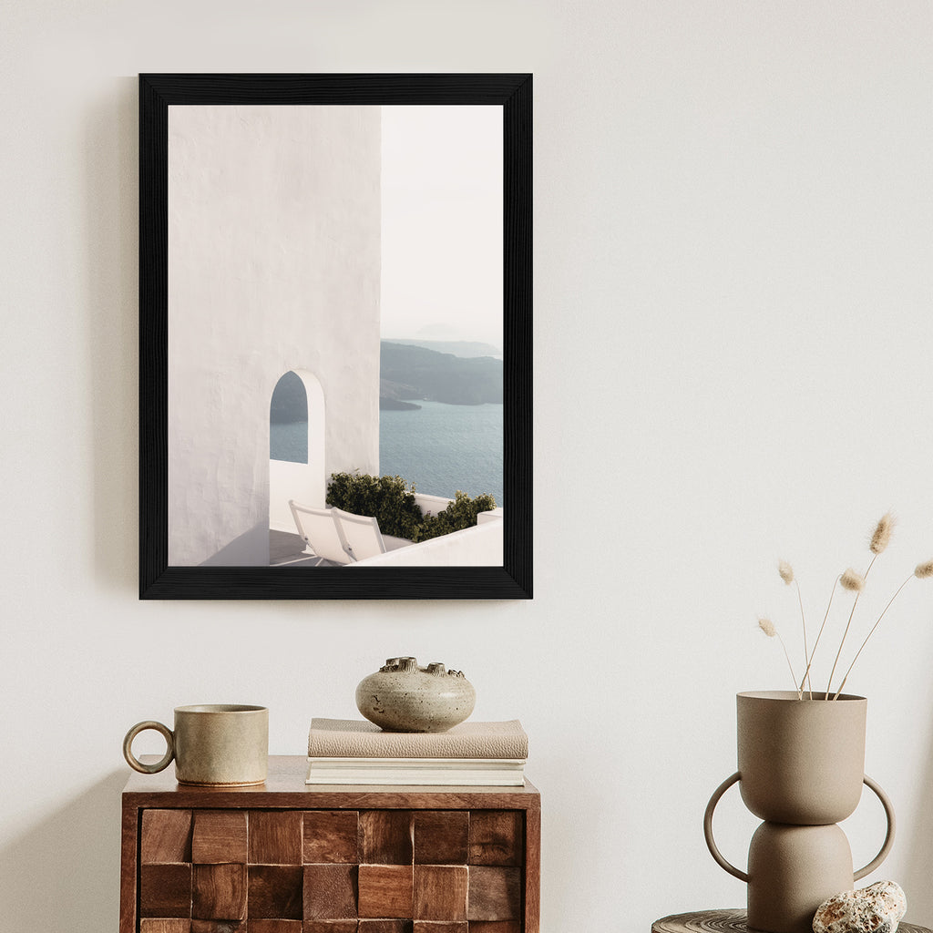 Plakat Biała Architektura Na Santorini Z Widokiem Na Morze Rama Aluminiowa Kolor Czarny