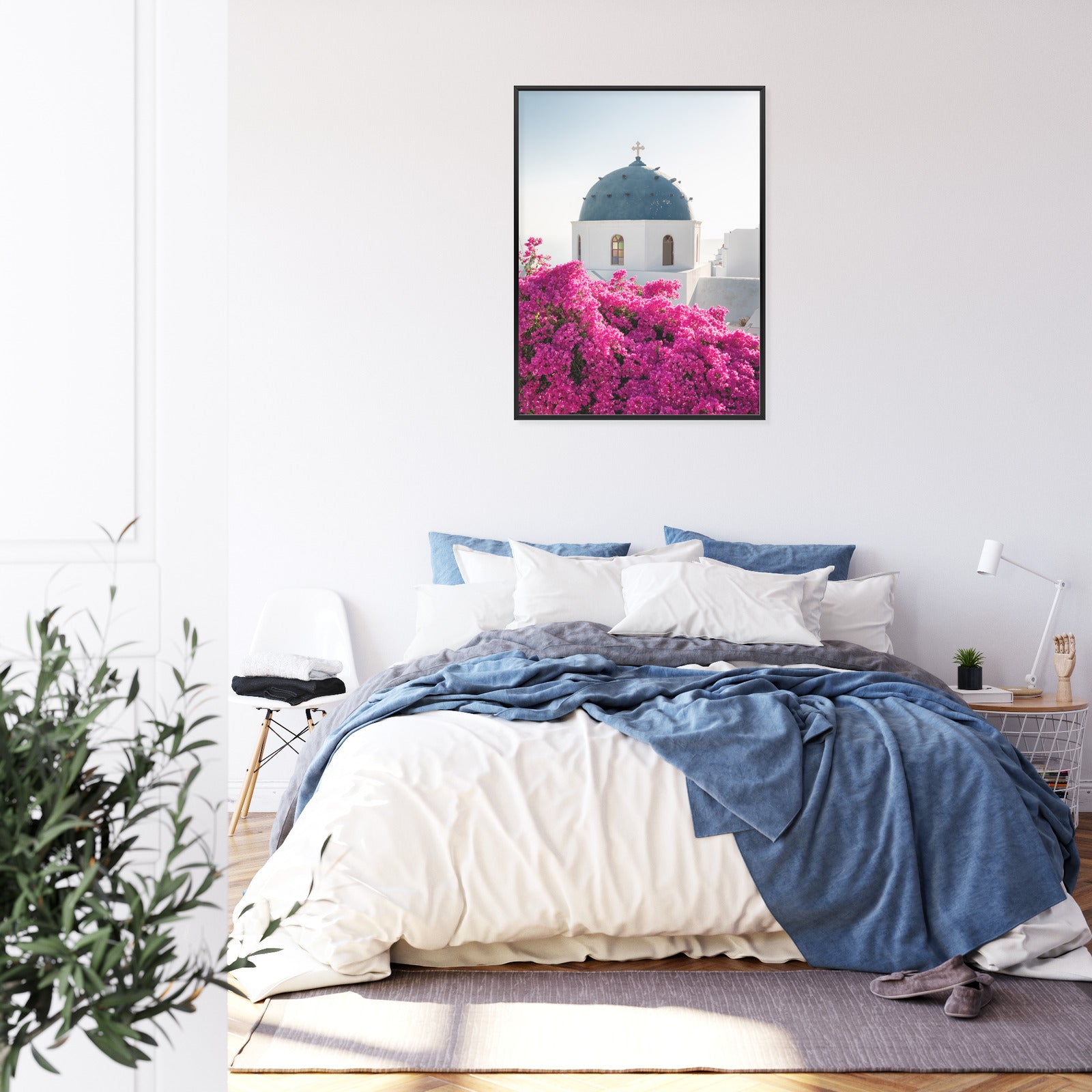 Plakat Typowa Architektura Santorini I Kwitnąca Bugenwilla Rama Aluminiowa Kolor Czarny