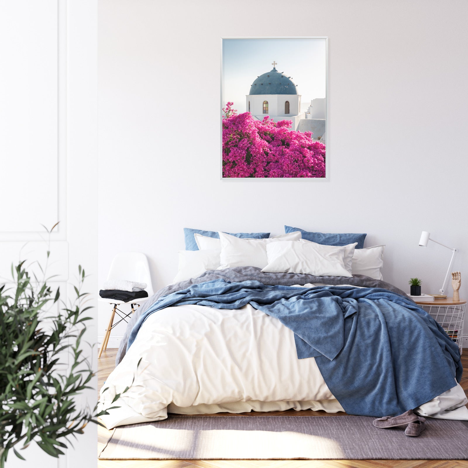 Plakat Typowa Architektura Santorini I Kwitnąca Bugenwilla Rama Aluminiowa Kolor Czarny
