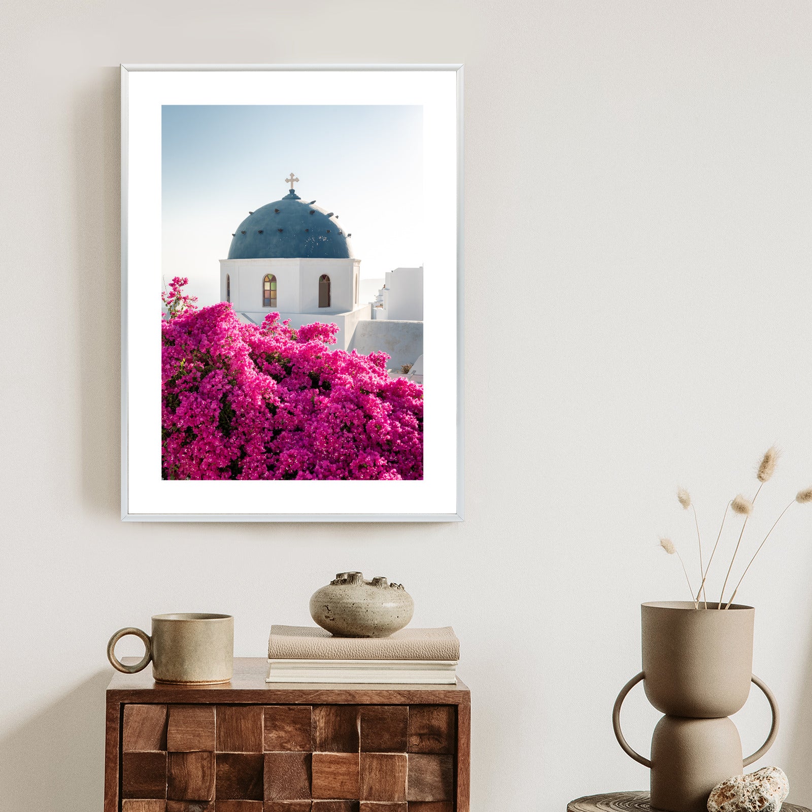 Plakat Typowa Architektura Santorini I Kwitnąca Bugenwilla Rama Aluminiowa Kolor Czarny