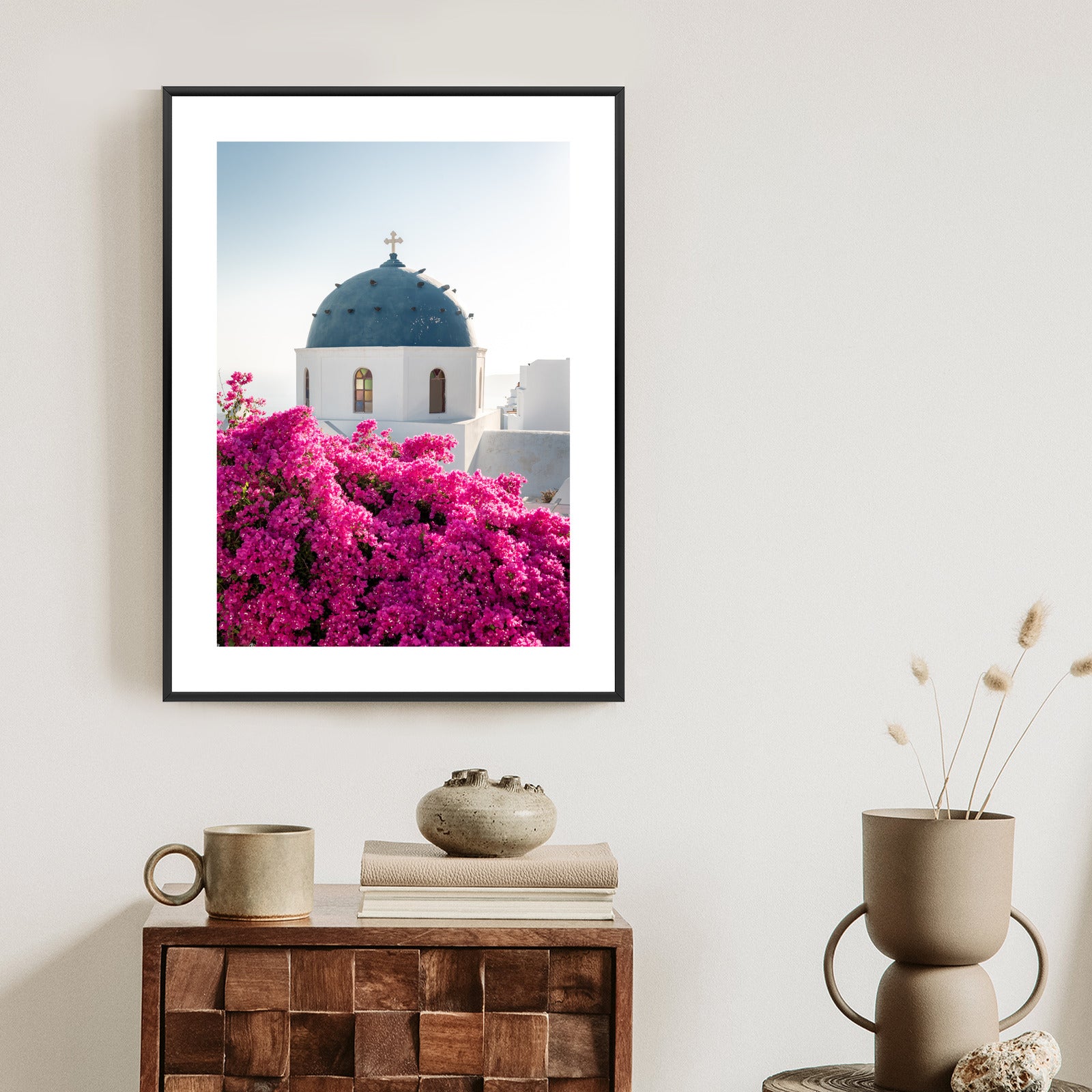 Plakat Typowa Architektura Santorini I Kwitnąca Bugenwilla Rama Aluminiowa Kolor Czarny