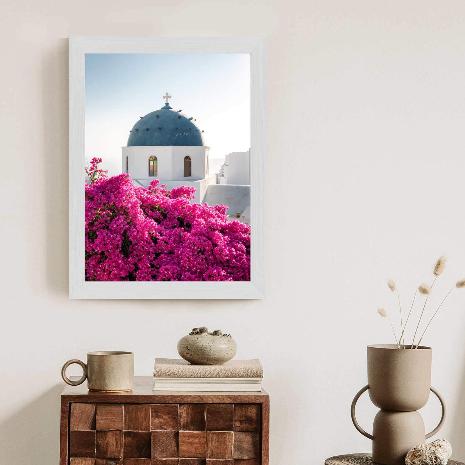 Plakat Typowa Architektura Santorini I Kwitnąca Bugenwilla Rama Aluminiowa Kolor Czarny