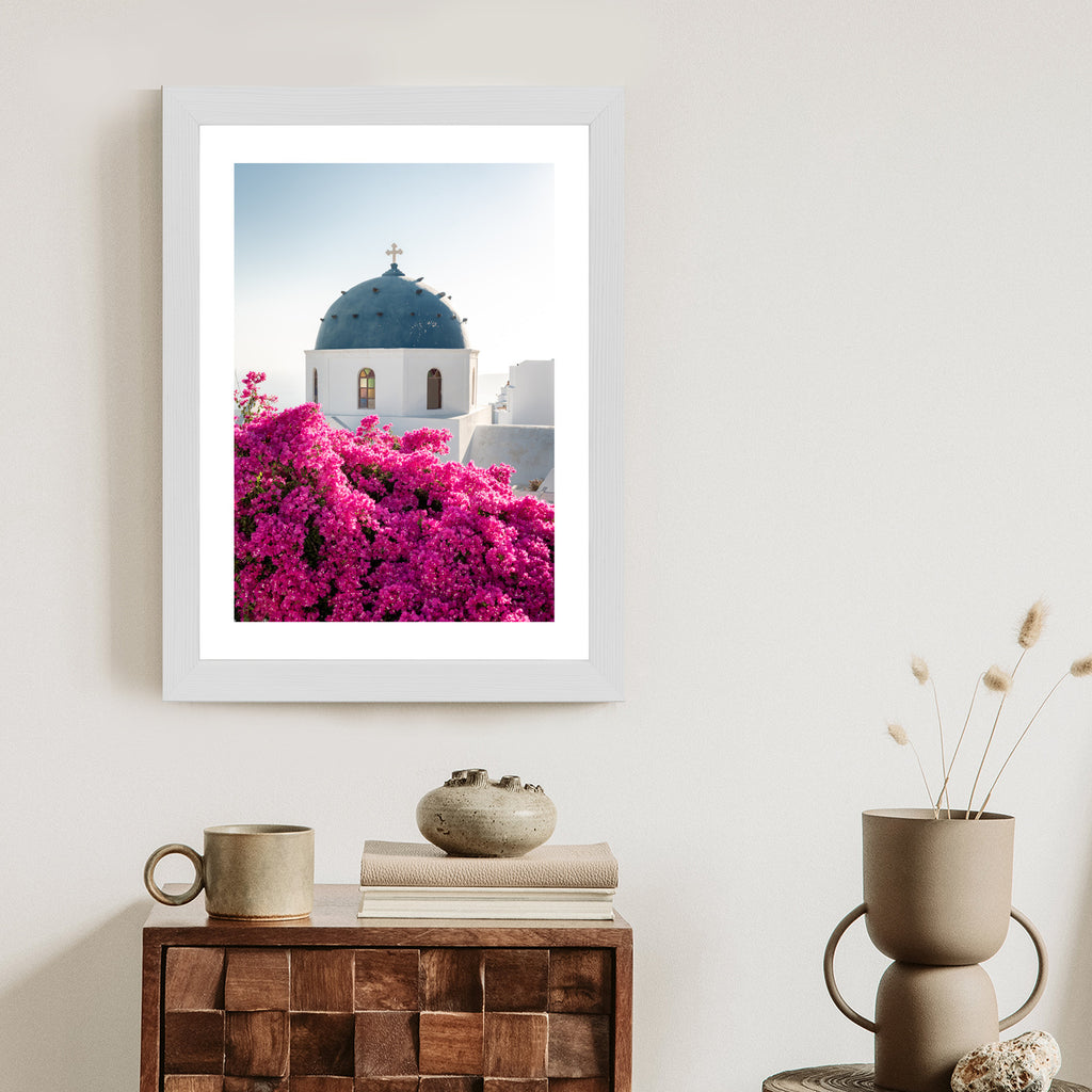 Plakat Typowa Architektura Santorini I Kwitnąca Bugenwilla Rama Aluminiowa Kolor Czarny