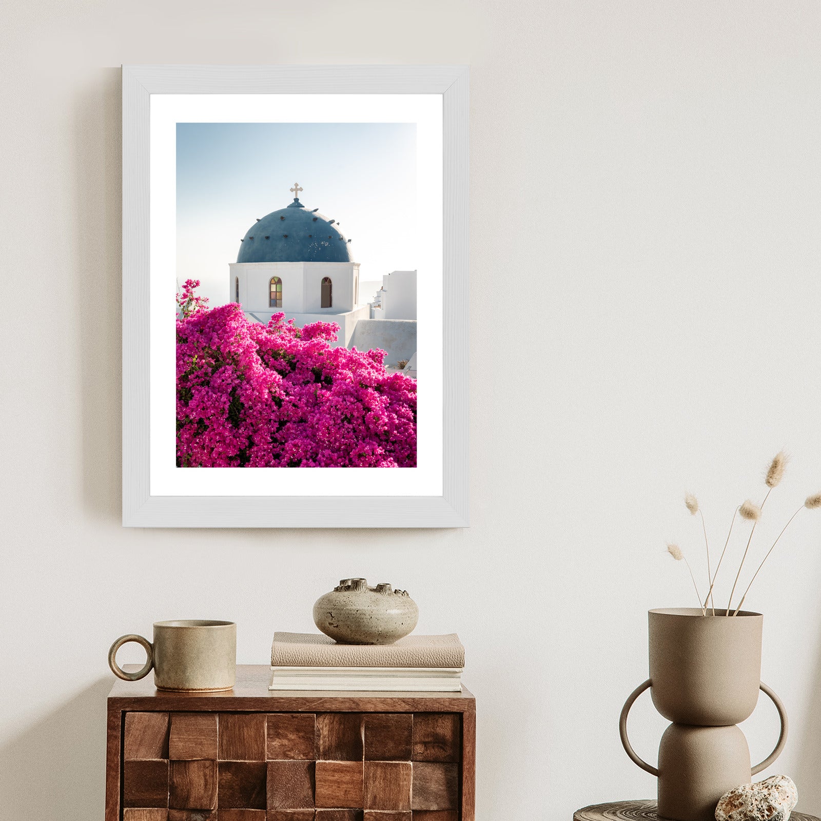 Plakat Typowa Architektura Santorini I Kwitnąca Bugenwilla Rama Aluminiowa Kolor Czarny