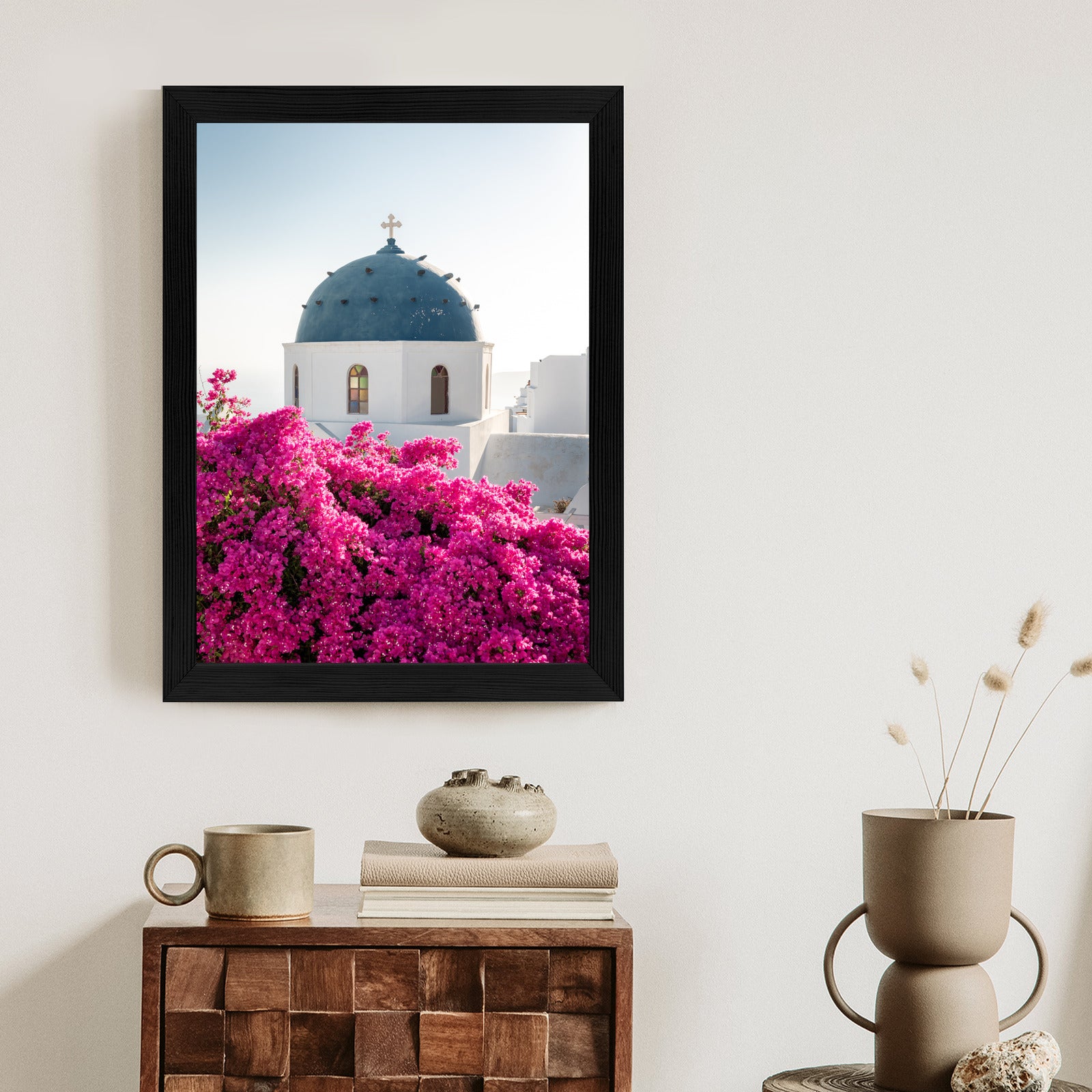Plakat Typowa Architektura Santorini I Kwitnąca Bugenwilla Rama Aluminiowa Kolor Czarny