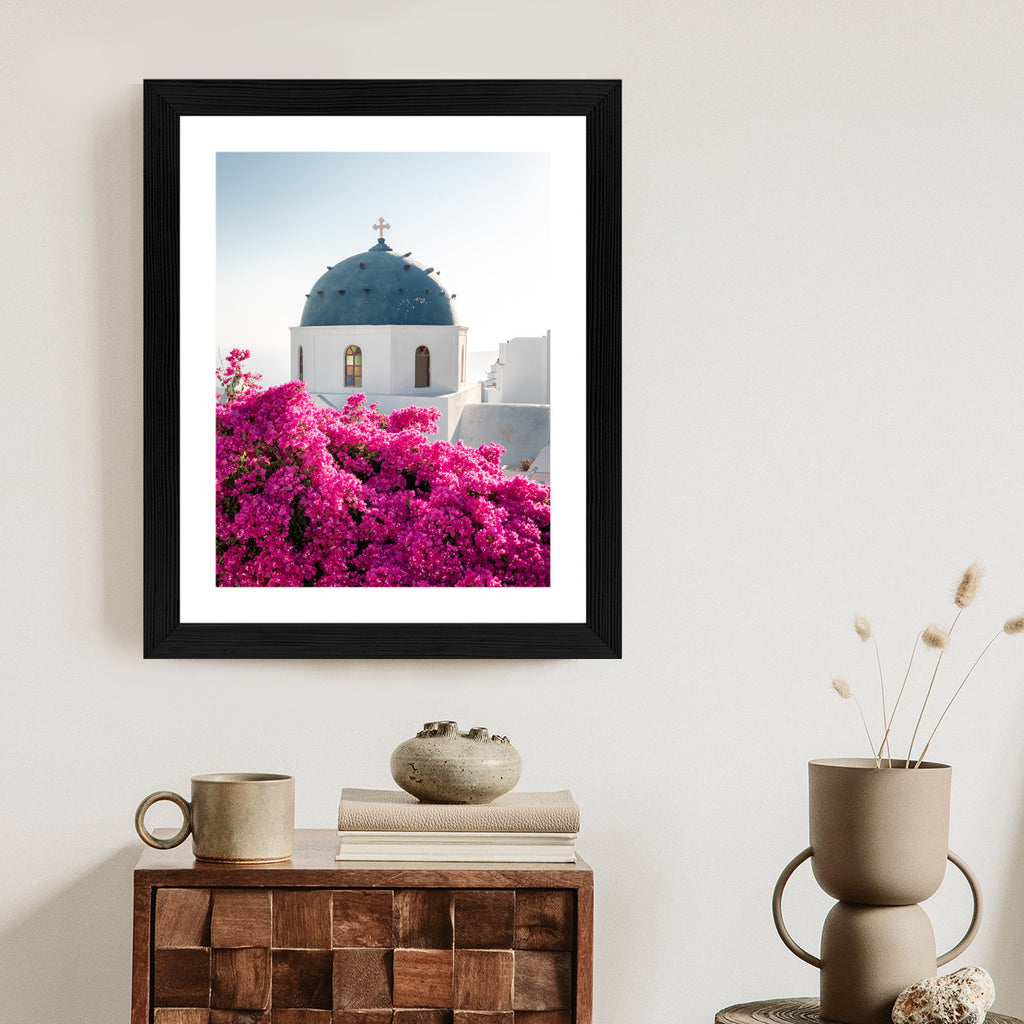 Plakat Typowa Architektura Santorini I Kwitnąca Bugenwilla Rama Aluminiowa Kolor Czarny