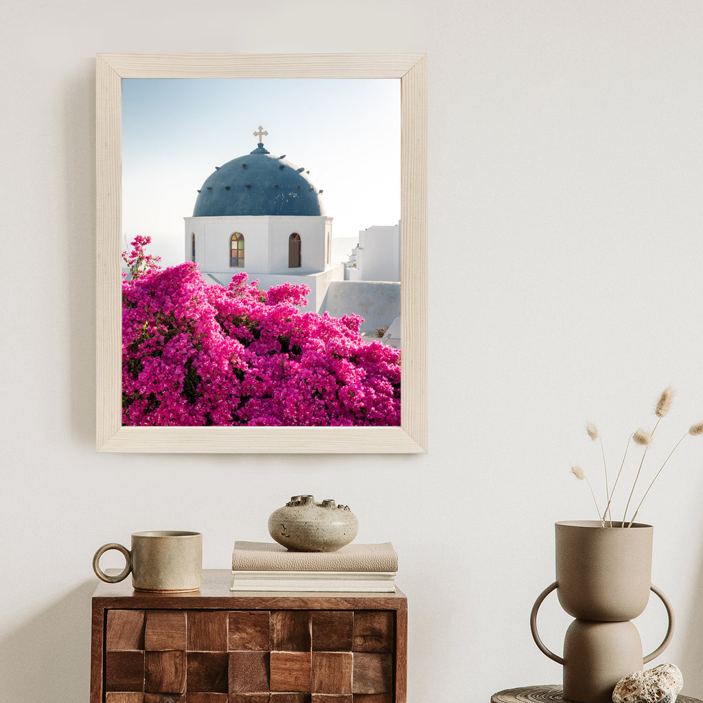 Plakat Typowa Architektura Santorini I Kwitnąca Bugenwilla Rama Aluminiowa Kolor Czarny